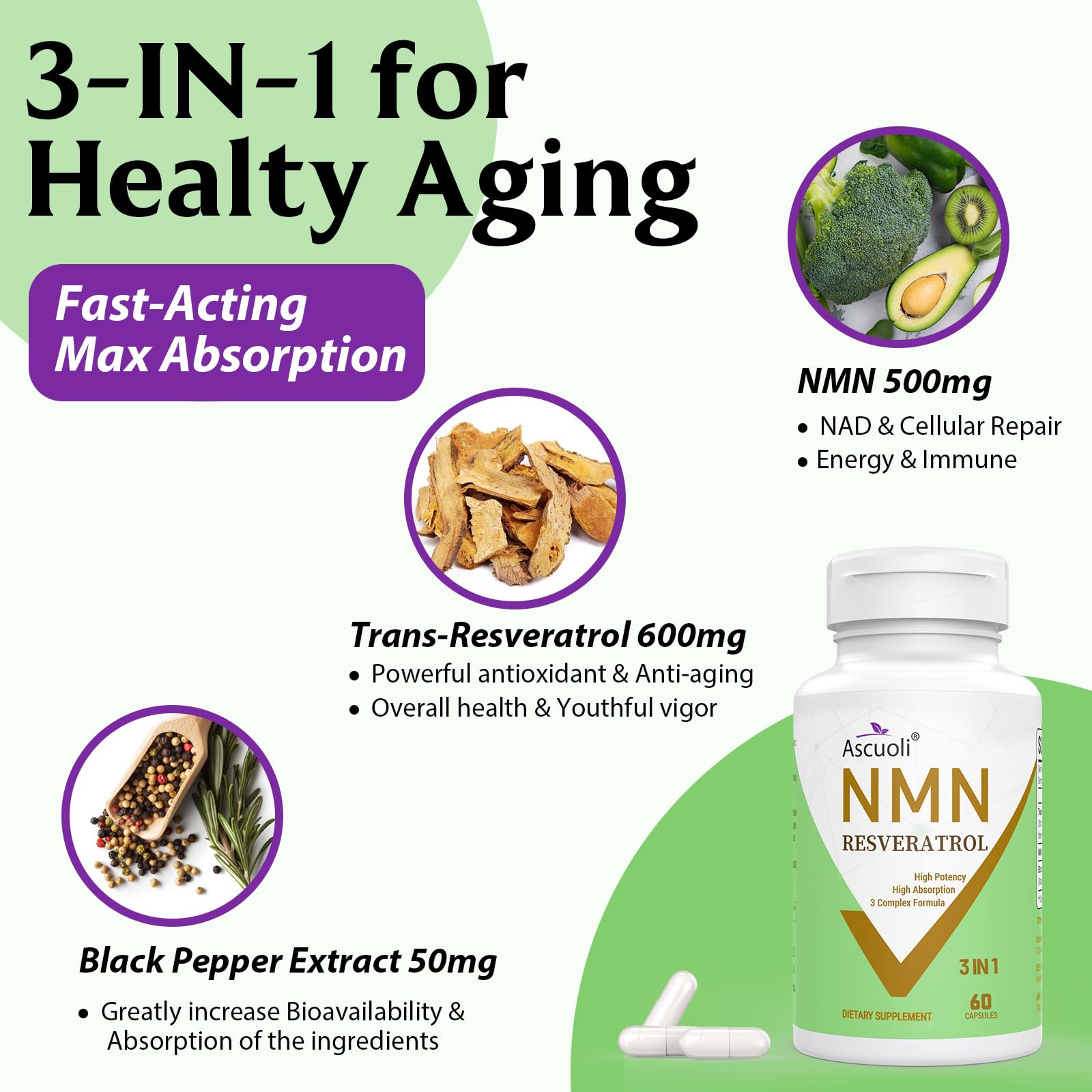 99% Ultra Purity NMN 500mg + Trans-Resveratrol 600mg, 1150mg NMN Resveratrol Supplement, 3-in-1 Advanced Formula for Boost* NAD, Cell, Immune, Energy & Muscle, Healthy Aging, Stabilized Form - 60 Caps Ascuoli Au supplements