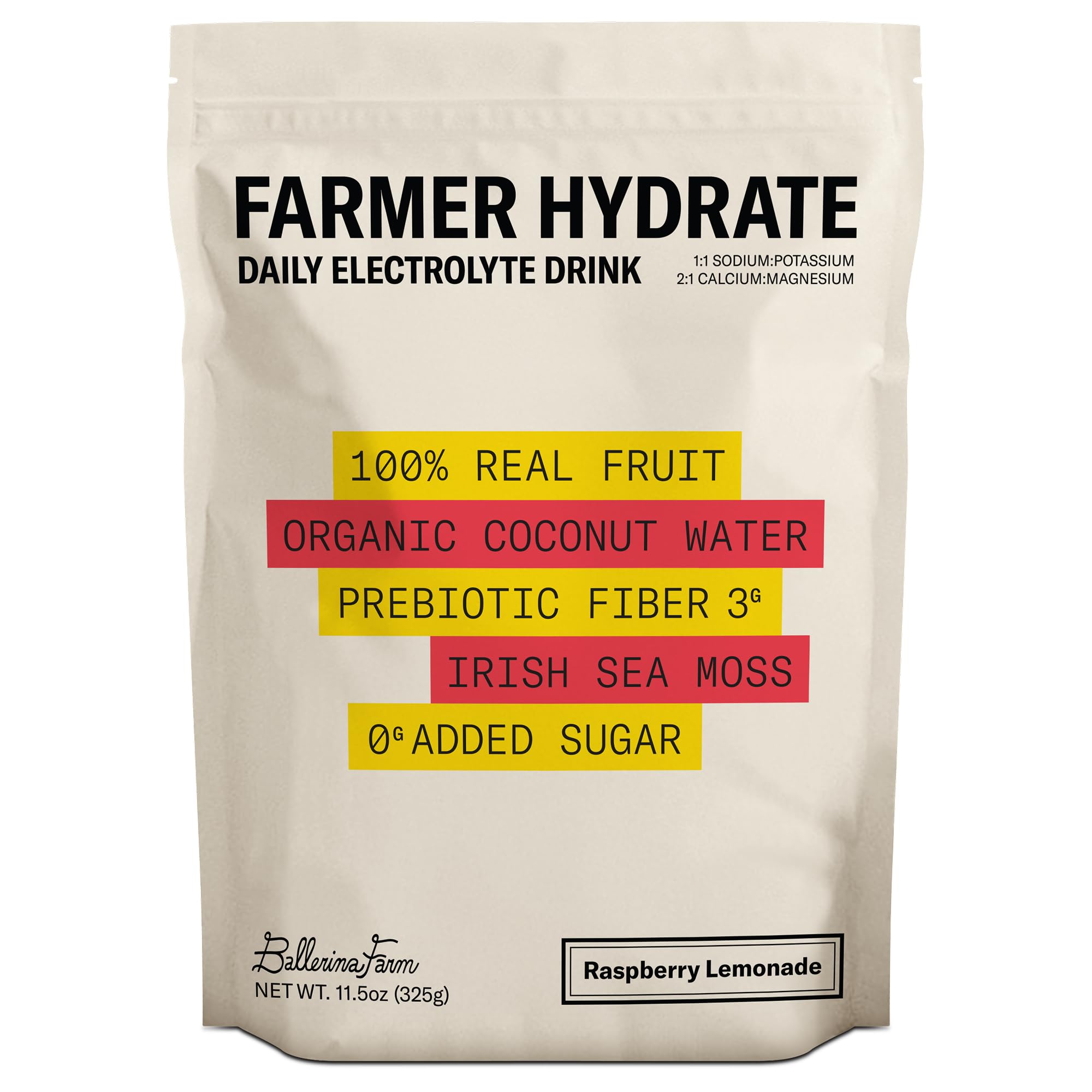 Ballerina Farm Farmer Hydrate, Daily Electrolytes Powder, Raspberry Lemonade, Hydration Drink Mix with Organic Coconut Water, Irish Sea Moss, Sea Salt, Prebiotic Fiber, No Added Sugar, 25 Servings