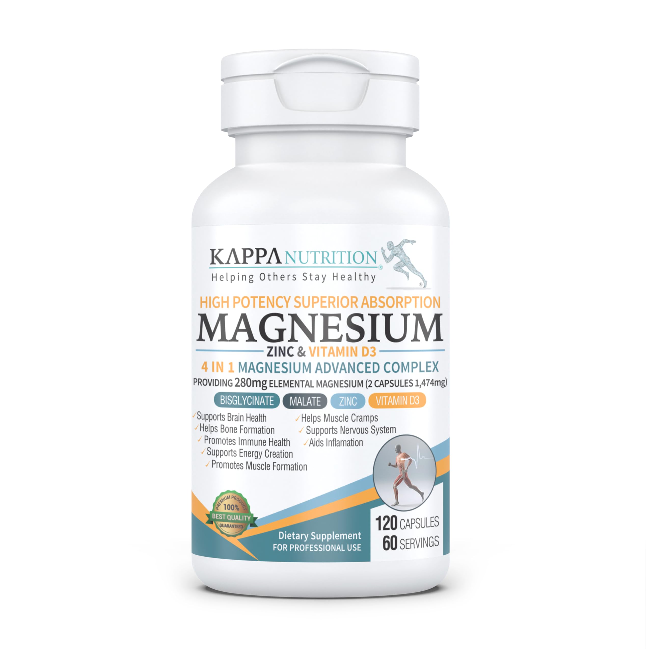 Kappa Nutrition Magnesium 4-in-1, 280mg Elemental Magnesium (Bisglycinate, Malate) + Zinc & Vitamin D3, Brain, Sleep, Energy, Muscle, Immune Support, 120 Vegan Capsules. KAPPA NUTRITION Au supplements