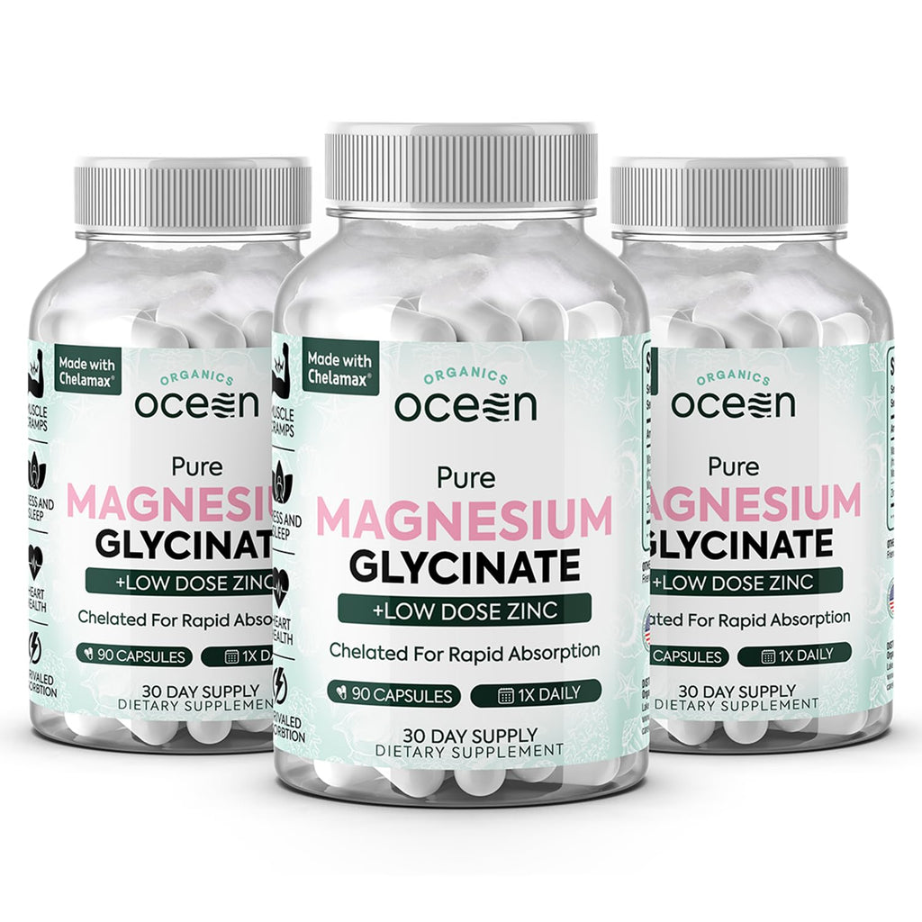 Organics Ocean Pure Magnesium Glycinate with Zinc - Maximum Strength Chelated Magnesium Supplement for Women and Men for Muscle Cramps and Sleep Support - 3 Bottles Organics Ocean Au supplements