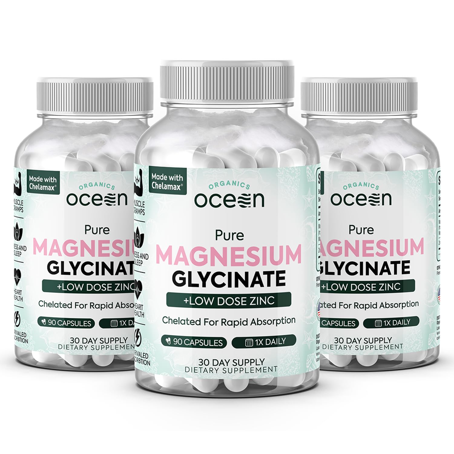 Organics Ocean Pure Magnesium Glycinate with Zinc - Maximum Strength Chelated Magnesium Supplement for Women and Men for Muscle Cramps and Sleep Support - 3 Bottles Organics Ocean Au supplements