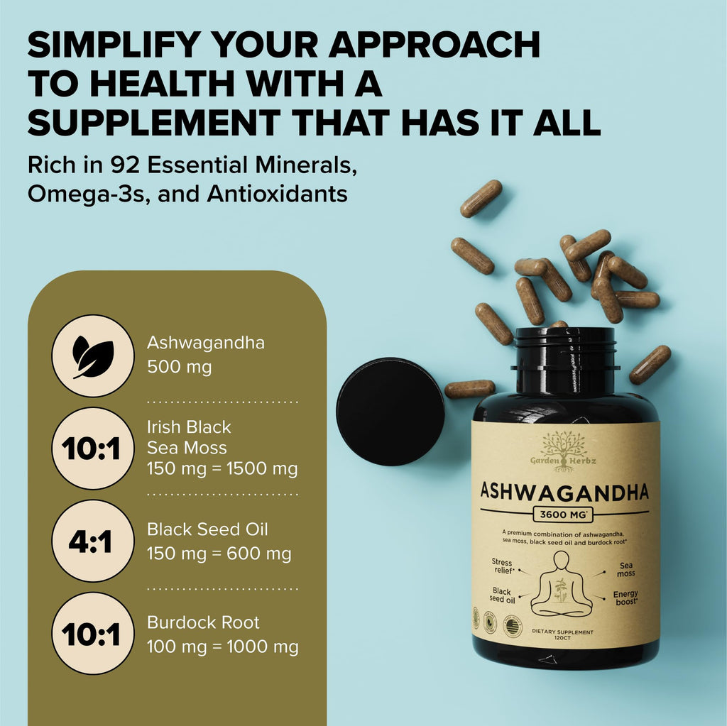 Garden of Herbz Organic Ashwagandha Root & Irish Sea Moss – 3,600 mg Ashwagandha Supplement with Black Seed Oil, & Burdock Root – Herbal Supplement for Energy, Calm, Mood, & Wellness, 120 Caps Garden of Herbz Au supplements