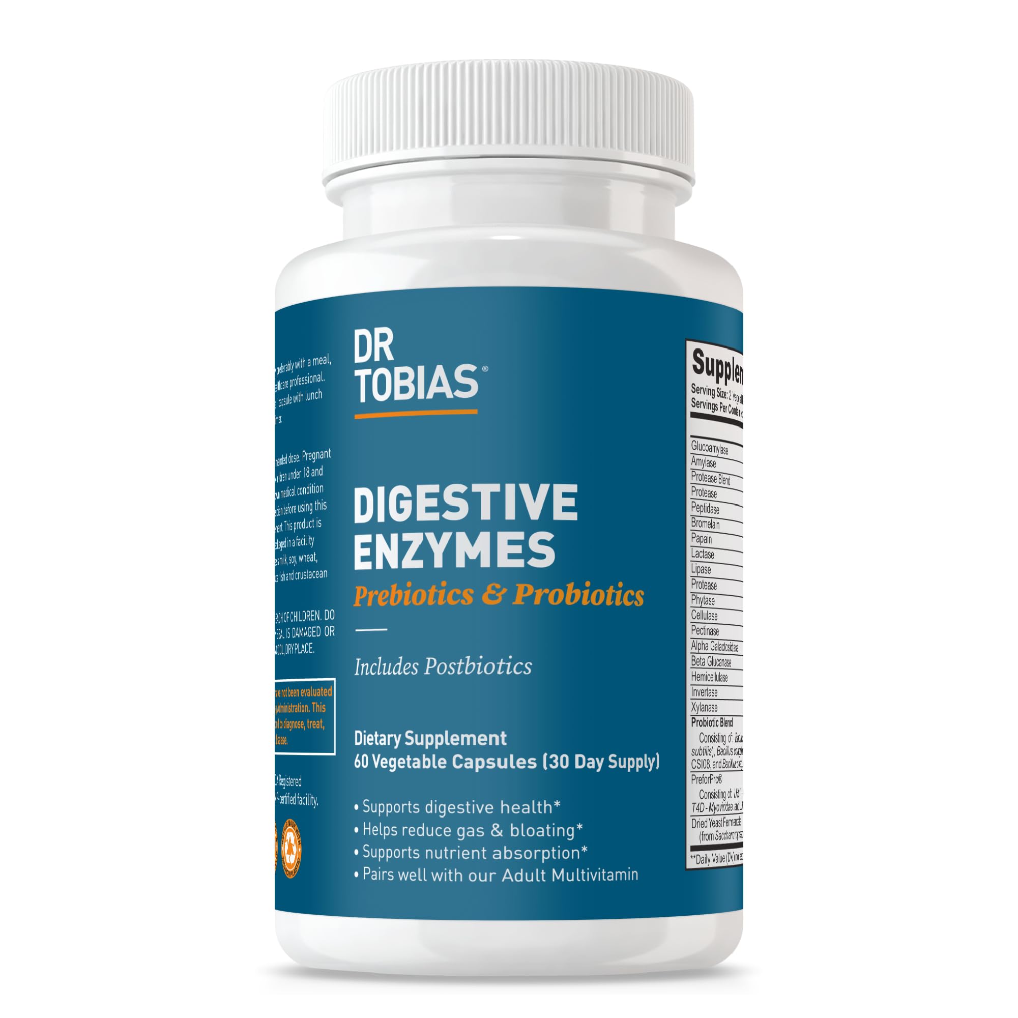 Dr. Tobias Digestive Enzymes with Probiotics, Prebiotics and Postbiotics Bromelain, Amylase, Lipase, for Better Digestion & Immune Function, 60 Capsules, 30 Servings (2 Daily) Dr. Tobias Au supplements