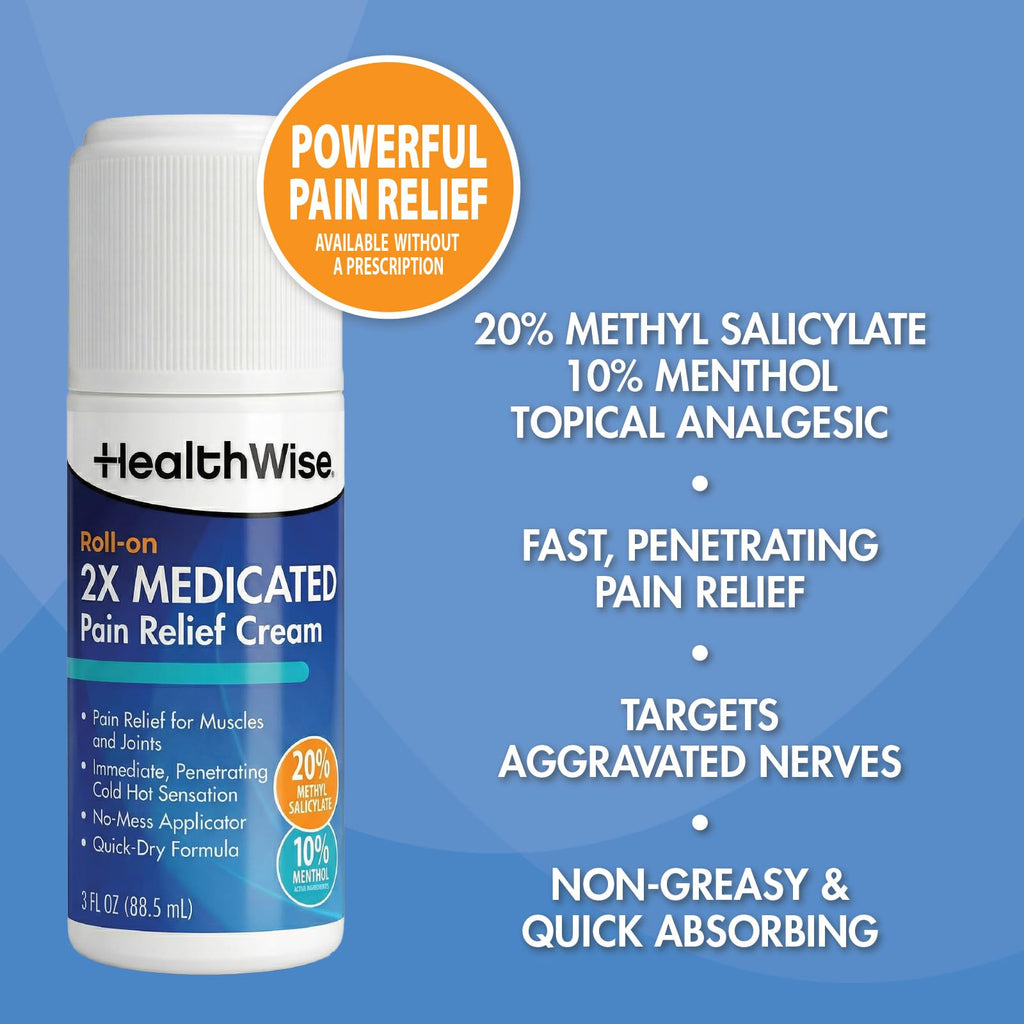 HealthWise 2X Medicated Roll-On | 10% Menthol + 20% Methyl Salicylate | Pain Relief Cream | 3 oz. 88.5 mL | Quick-Dry Formula | Immediate Penetrating Action | Topical Analgesic HealthWise Au supplements