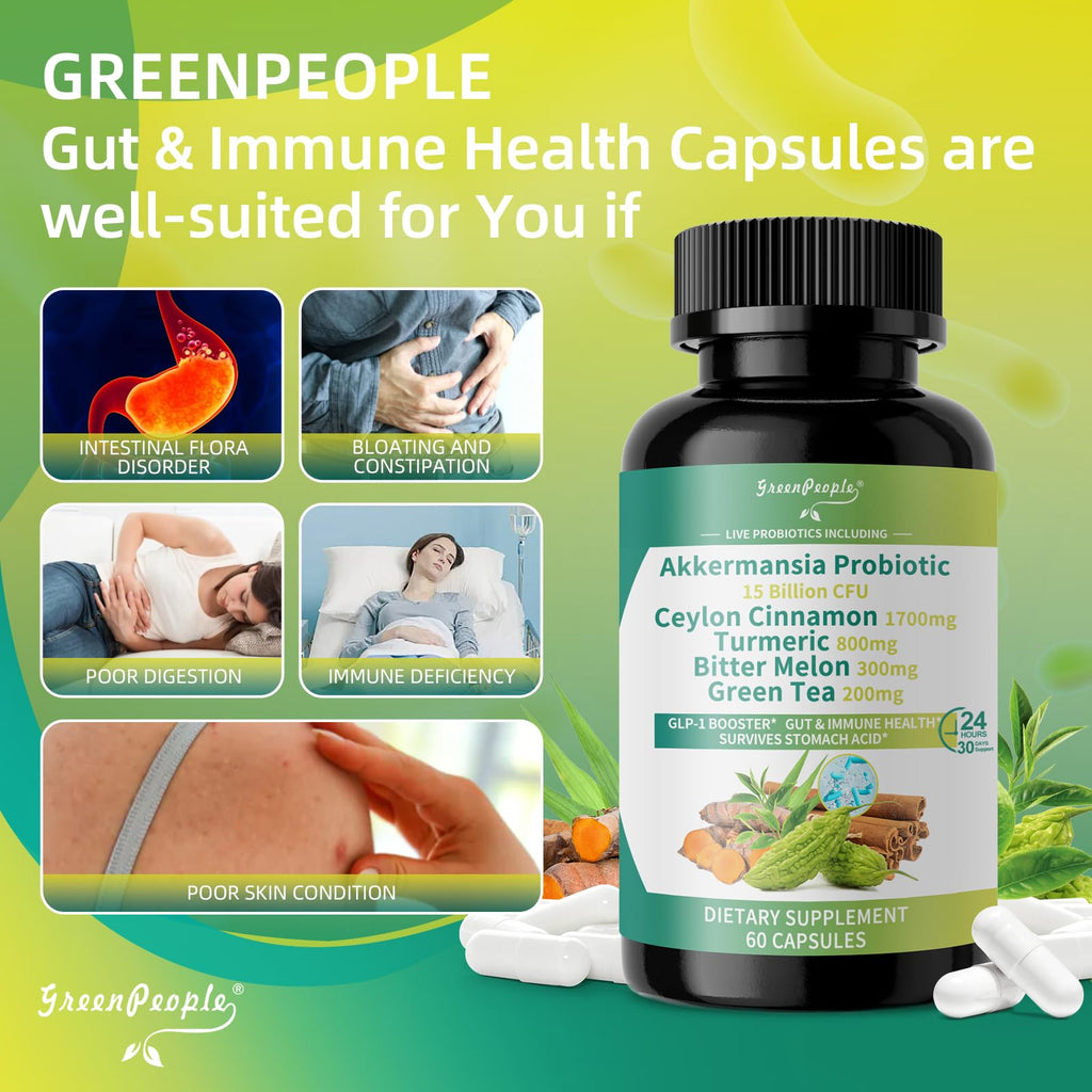 GREENPEOPLE Akkermansia Probiotics 15B CFU for Gut Function, 60CT Probiotics Supplement with Ceylon Cinnamon, Turmeric | Digestive Health & Metabolic Support