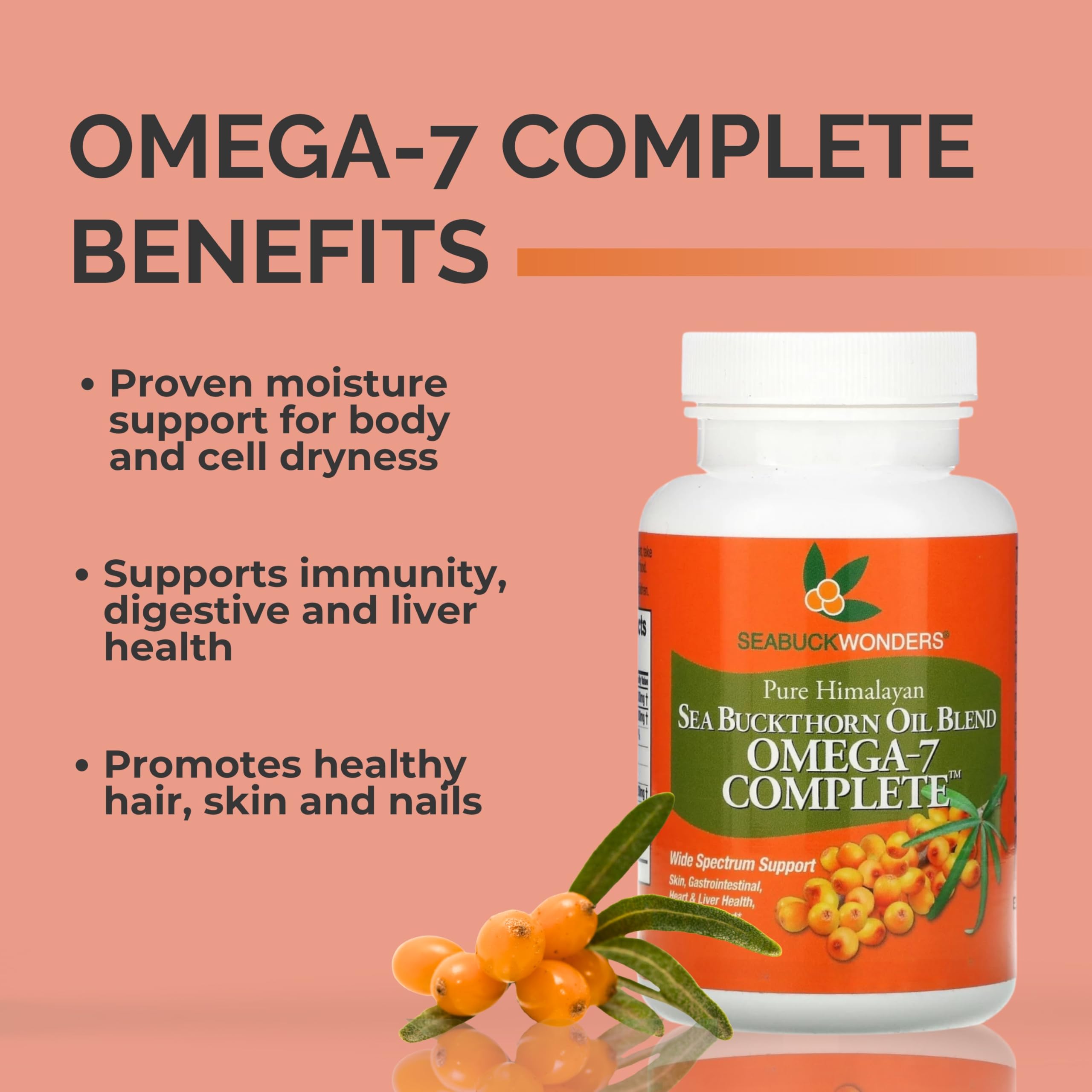SeabuckWonders Organic Sea Buckthorn Oil Omega-7 Complete,120 Softgels, 60 Day Supply, with Omega 3, 6 & 9, Supports Hair
