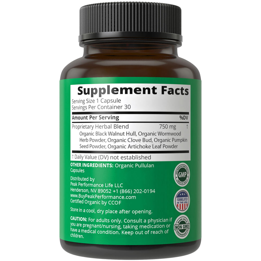 USDA Organic Wormwood Black Walnut Clove Cleanse for Humans. Elimination Detox + Intestinal Support Capsules Supplement for Adults and Kids. Pills with Artichoke and Pumpkin Seed for Added Benefits Peak Performance Au supplements