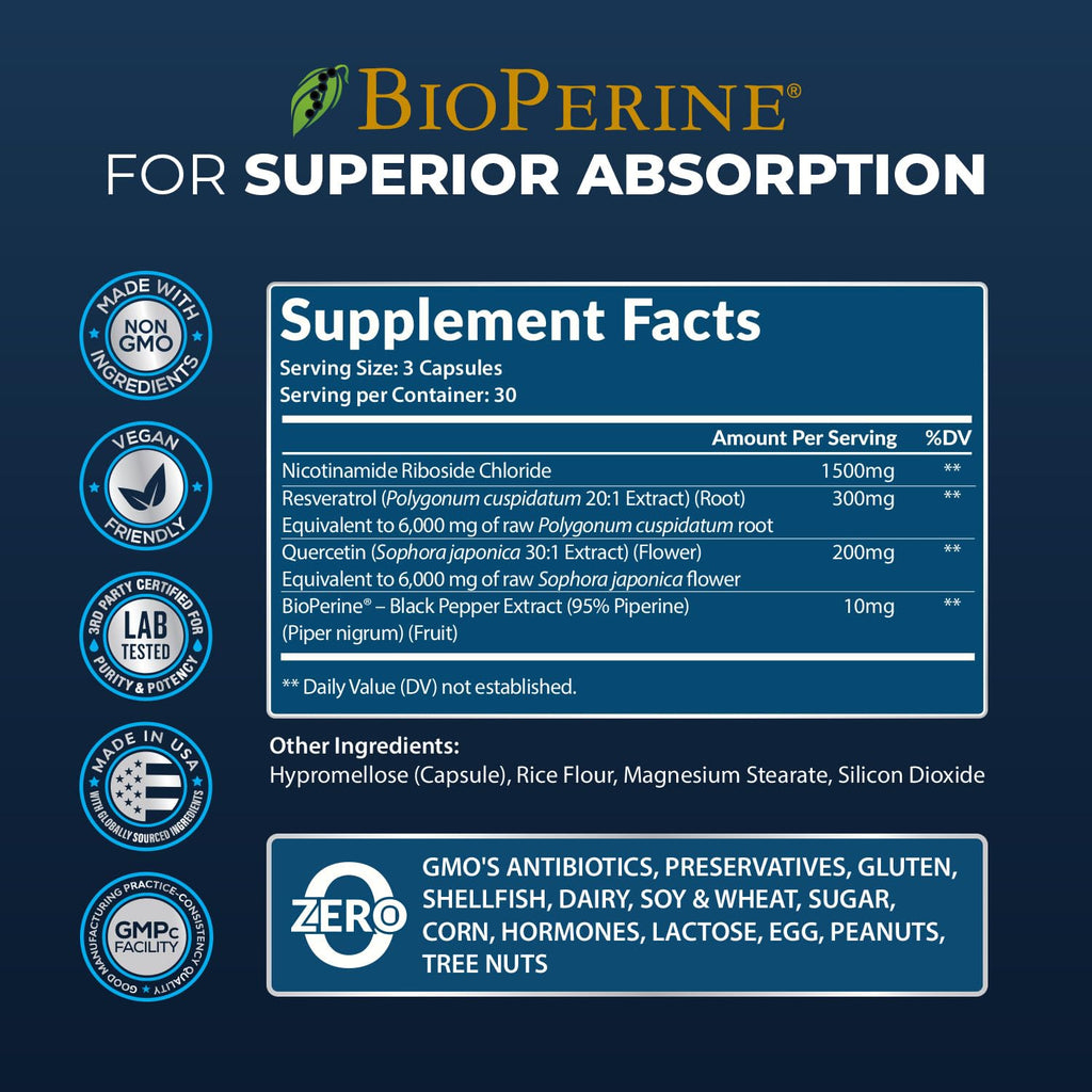 2010 MG NAD+ Supplement- Nicotinamide Riboside, Resveratrol, Quercetin & BioPerine® (High Absorption)- Natural NAD Booster for Anti-Aging, Cellular Energy, Skin- For Women & Men- 90 V Capsules Rainbow Nutrients, LLC Au supplements