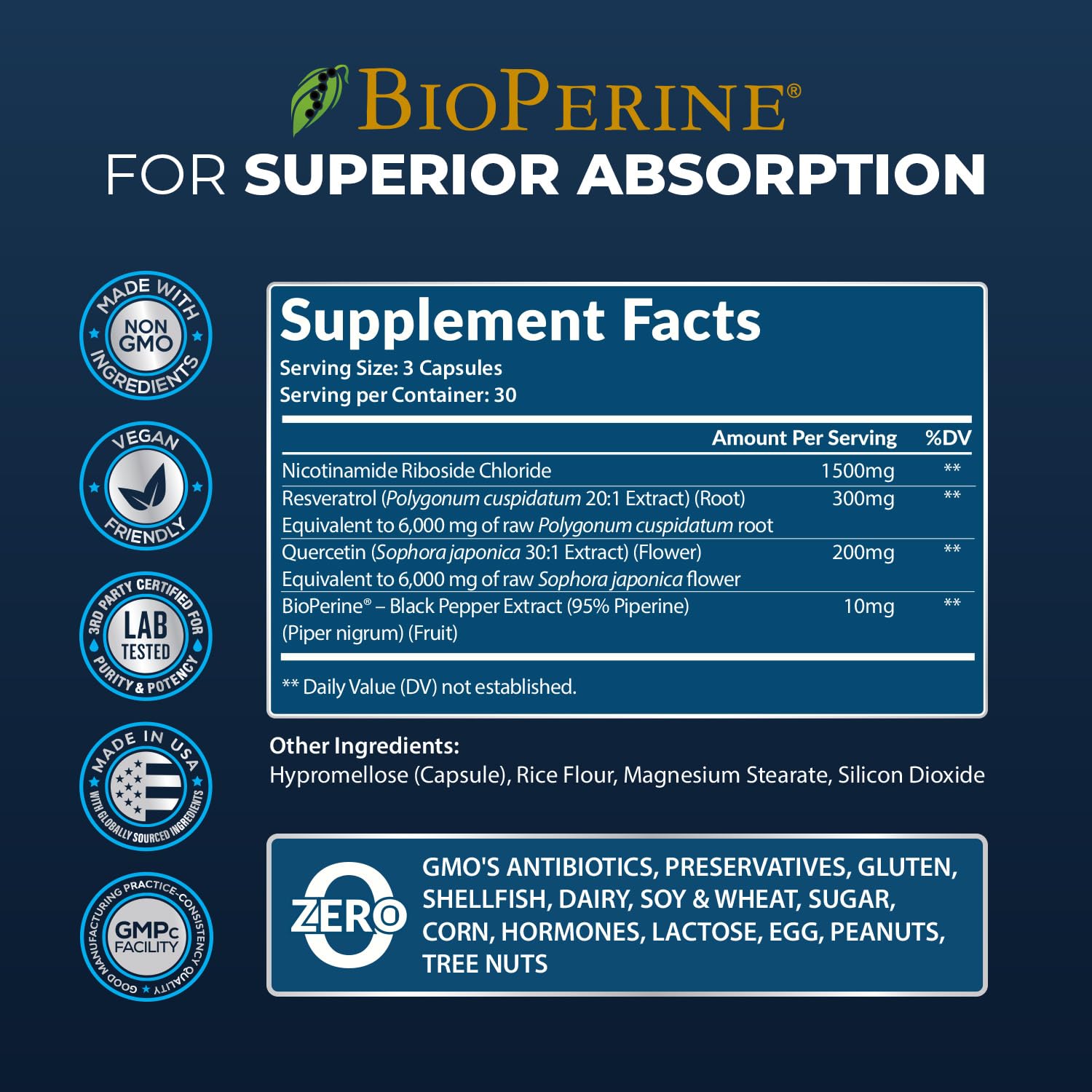 2010 MG NAD+ Supplement- Nicotinamide Riboside, Resveratrol, Quercetin & BioPerine® (High Absorption)- Natural NAD Booster for Anti-Aging, Cellular Energy, Skin- For Women & Men- 90 V Capsules Rainbow Nutrients, LLC Au supplements