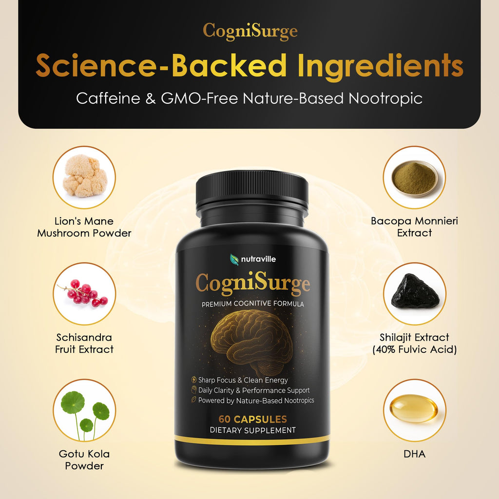 Nutraville CogniSurge Nootropics Brain Support Supplement for Memory and Focus - Nature-Powered Lion's Mane Supplement Capsules with Shilajit - No Caffeine or Stimulants - 30 Servings Nutraville Au supplements