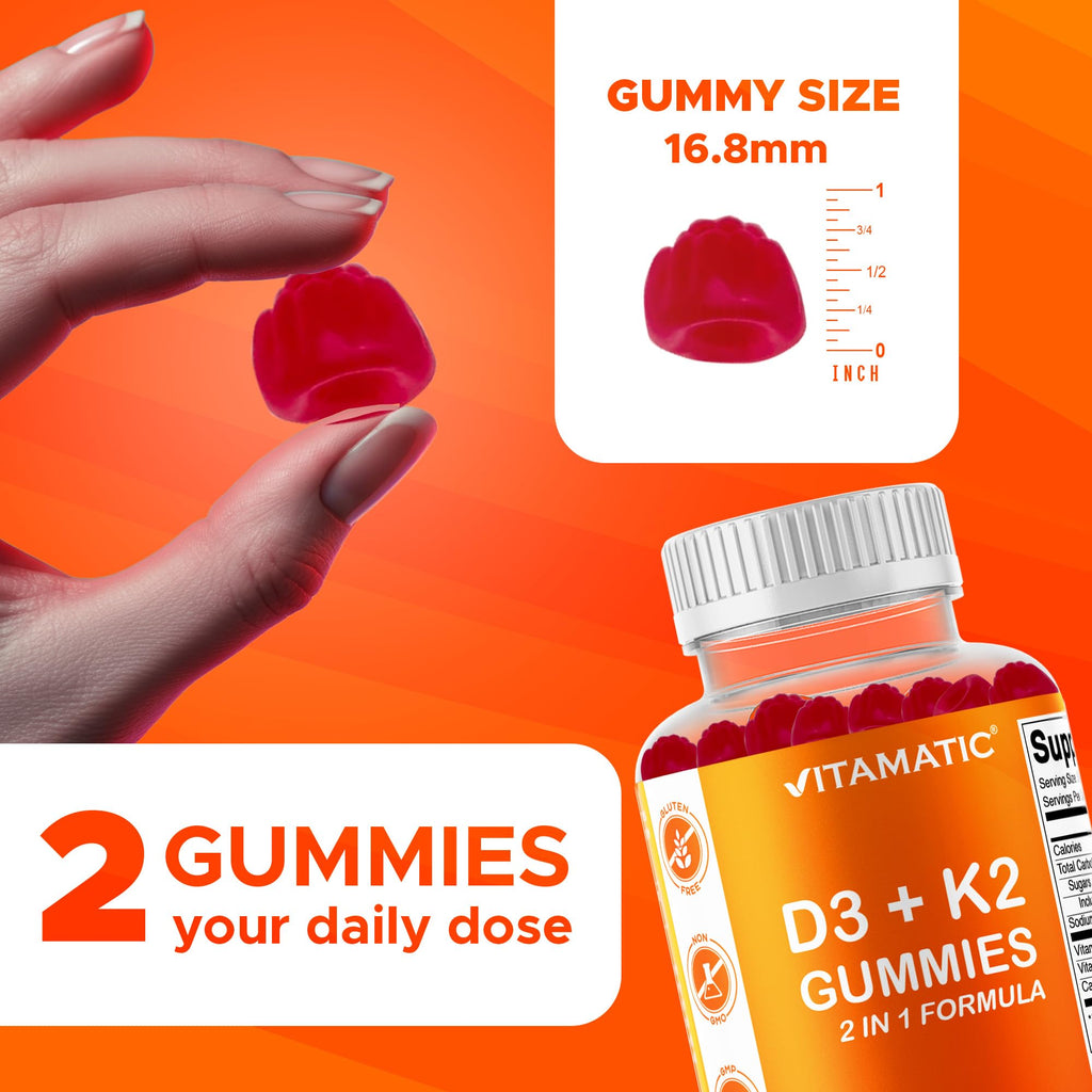 Vitamatic Vitamin D3 & K2 Gummies (2-Pack, 60 Count) Supports Healthy Bones, Heart Health, Calcium Absorption,