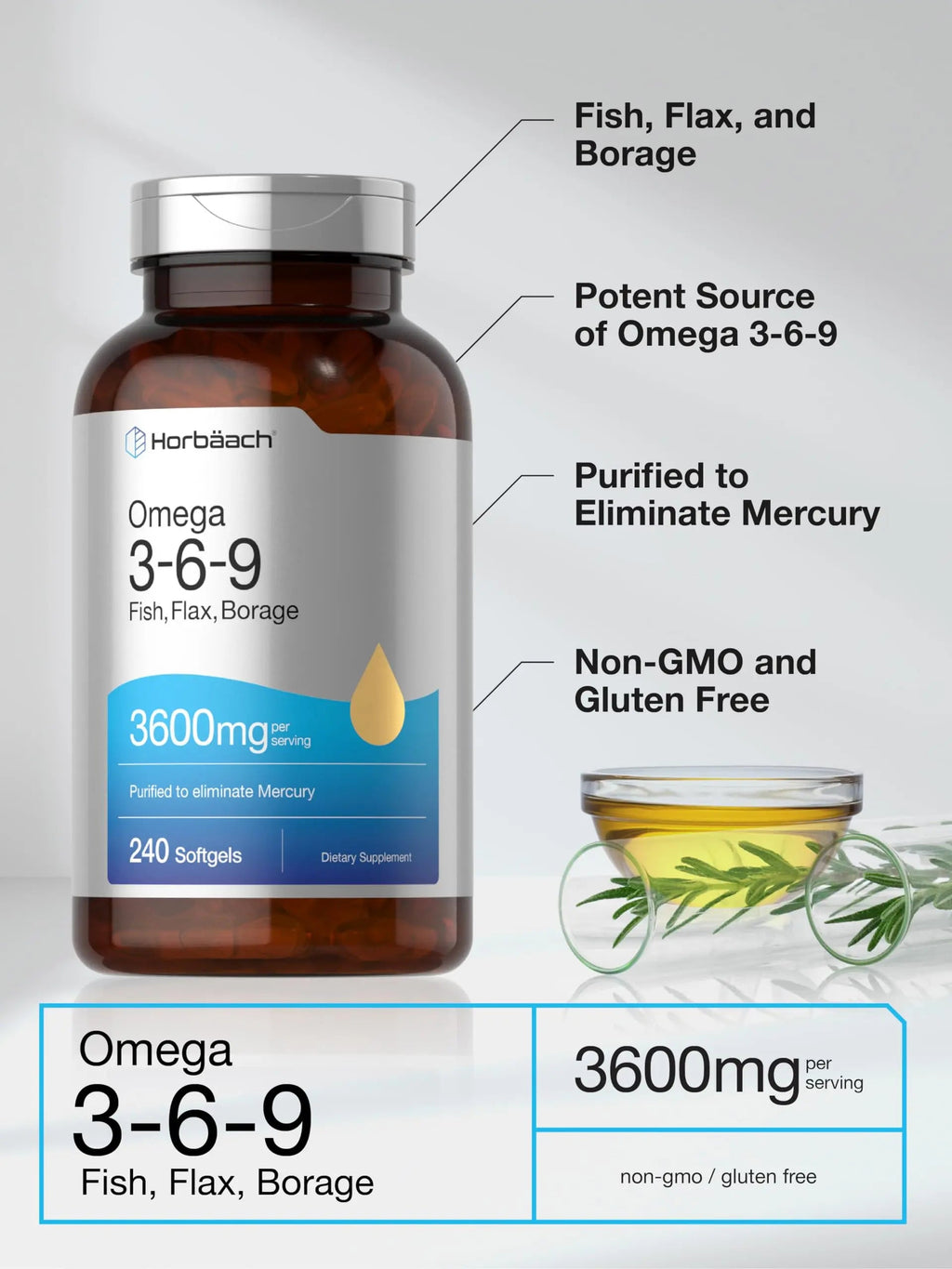 Triple Omega 3-6-9 240 Softgels | from Fish, Flaxseed, Borage Oils | Non-GMO & Gluten Horbäach Au supplements