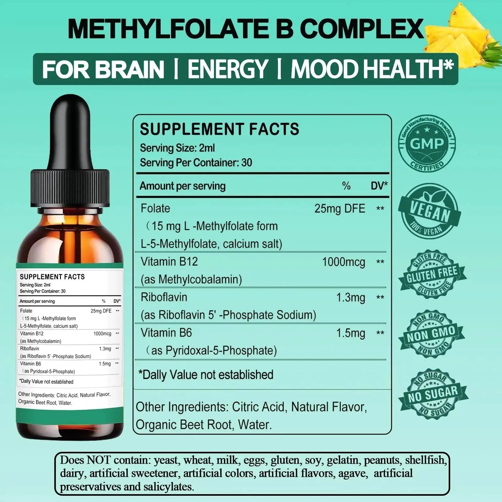 Methylfolate Supplement Liquid Drops, L Methy Folate 15mg Plus Methy B12, B6, B2 Multivitamin, Metabolically Active 5-MTHF Form AMENQ hHEALTH Au supplements
