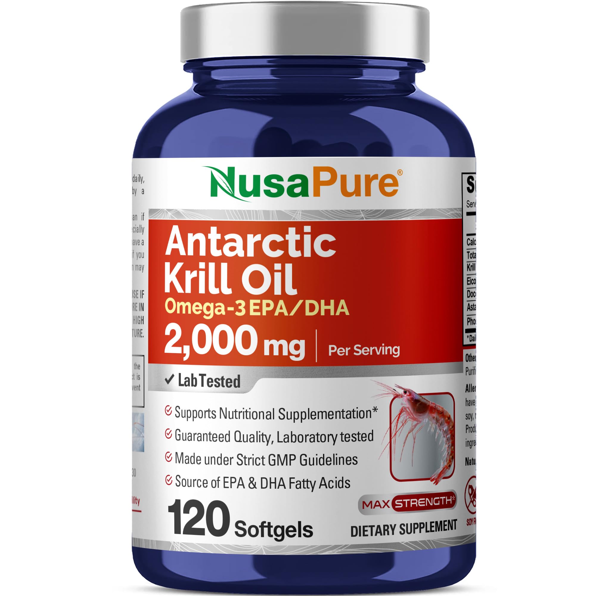 NusaPure Antarctic Krill Oil 2000 mg 120 Softgels, Omega-3 EPA 360mg, DHA 240mg, Soyfree Astaxanthin Supplement Sourced from Krill 800ppm NusaPure Au supplements