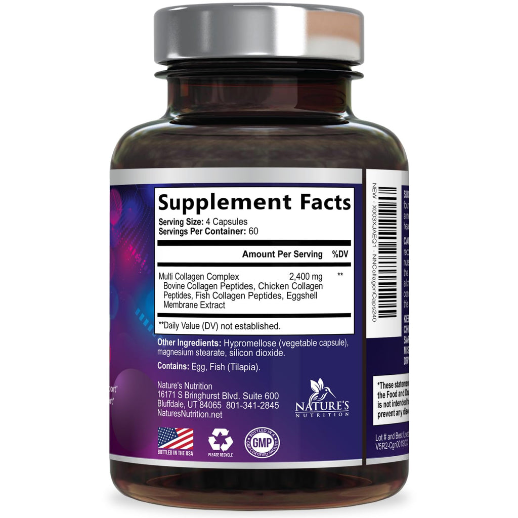 Multi Collagen Pills - Multi Collagen Complex 2400 mg Per Serving - Types I, II, III, V, X - Hydrolyzed Collagen Peptides Supplement - Hair, Skin & Nail Support