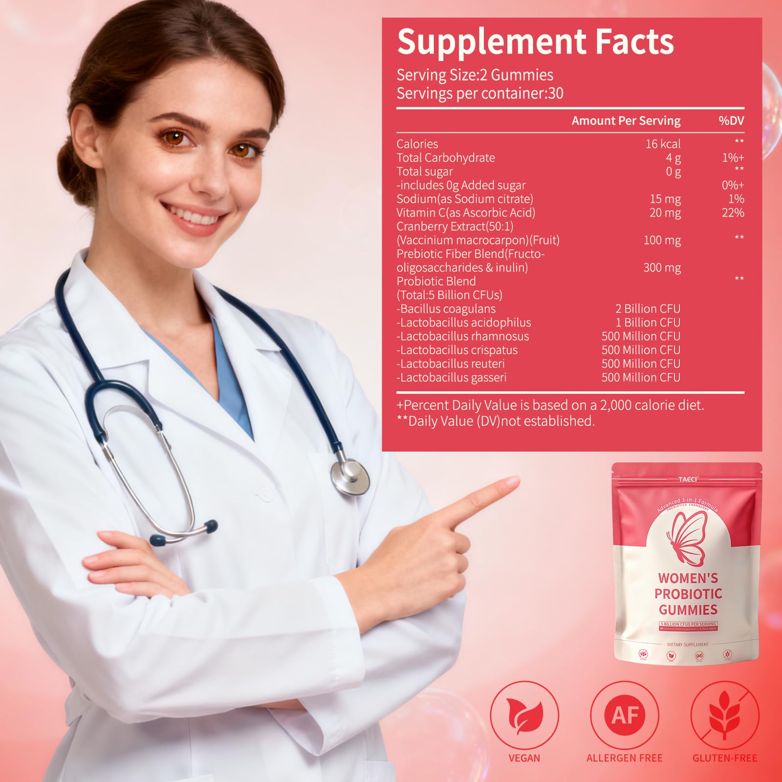 Taeci Vaginal Probiotic Gummies for Women – 5 Billion CFU with Prebiotic & Cranberry Extract – Supports pH Balance, Healthy Odor & Gut Health