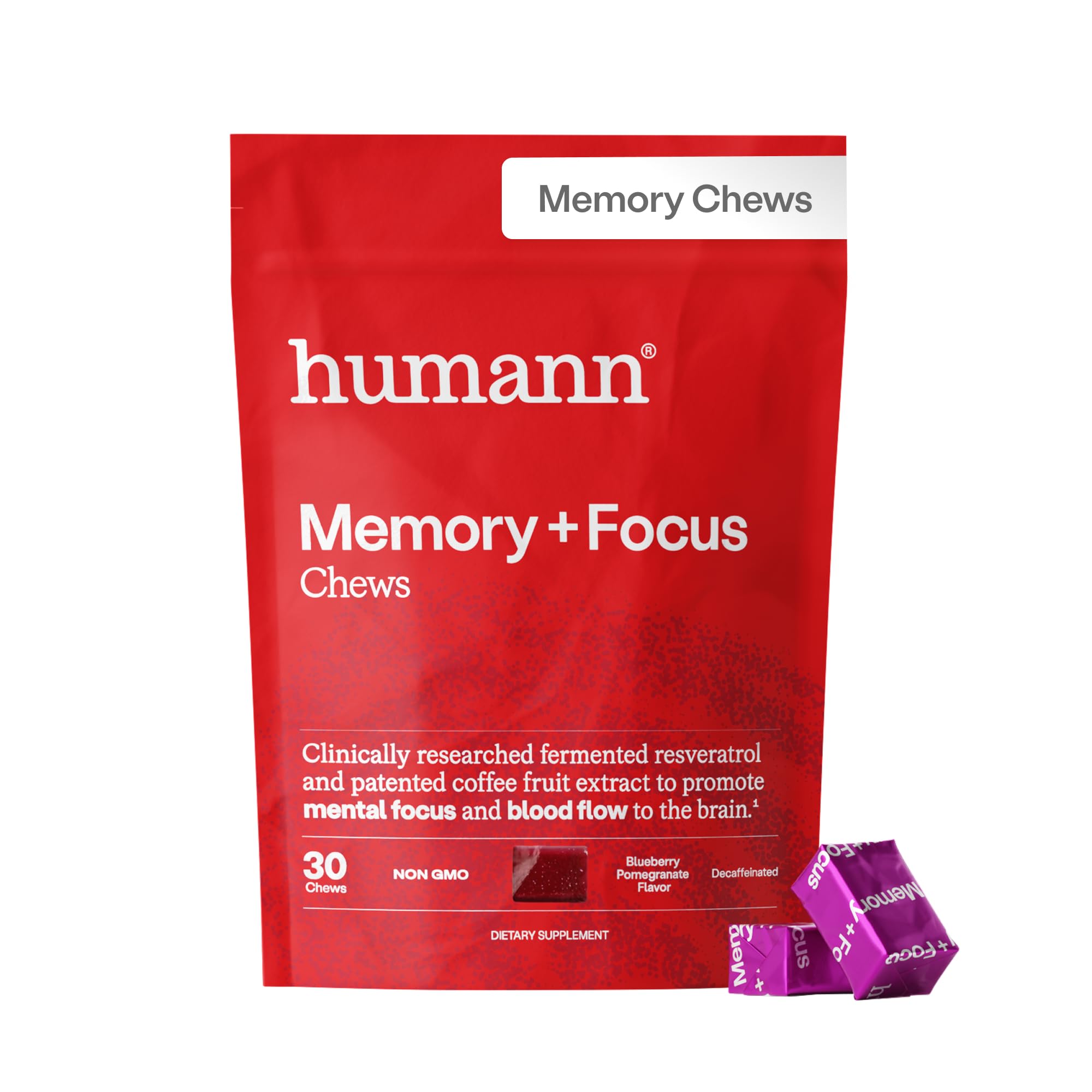 Humann Memory and Focus Chews, Brain Supplement for Mental Alertness with Beet Root Powder, Clinically Studied Nootropics, Resveratrol Plus Beet Root Powder
