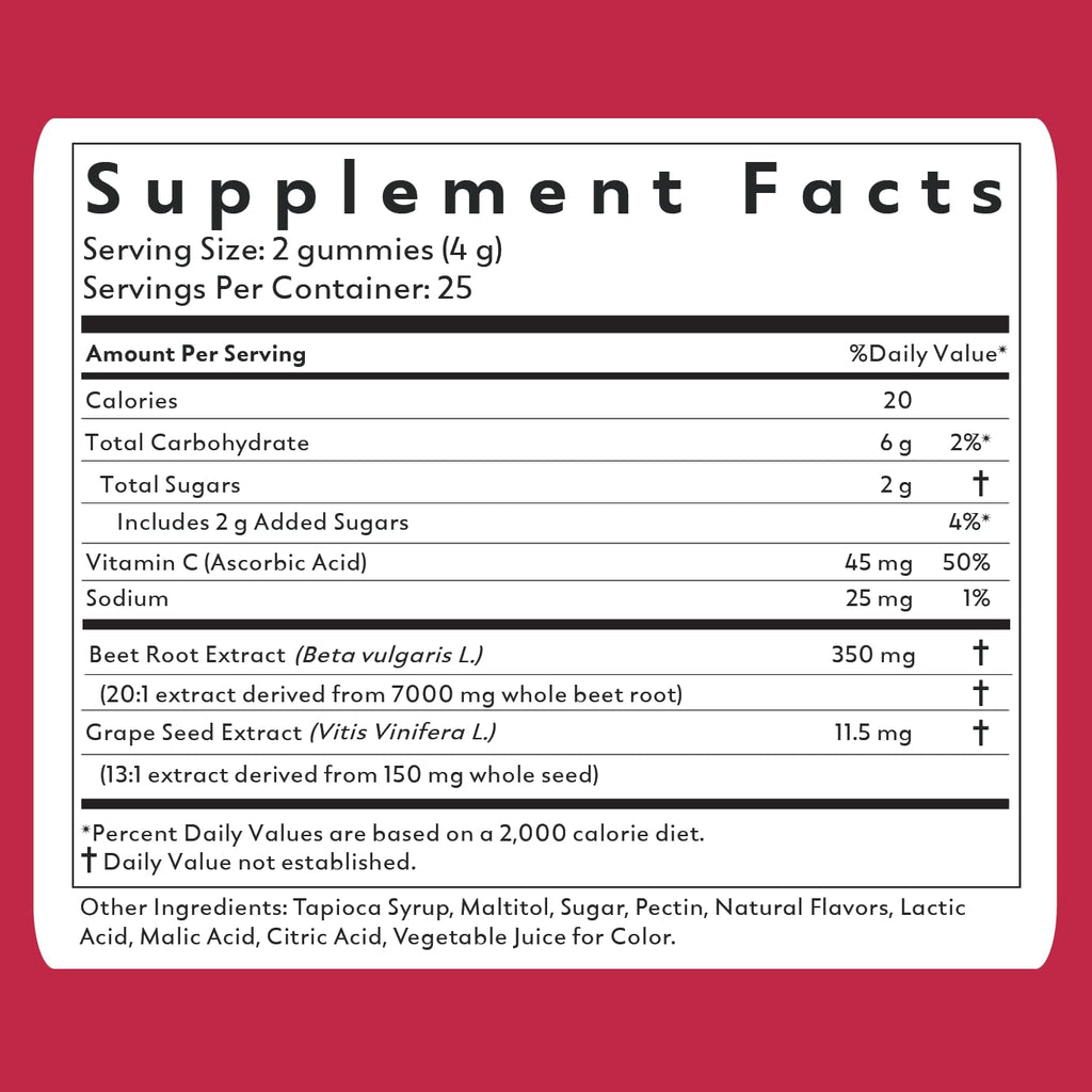 Natrava Beets+ Gummies - Premium Beet Root Powder, Grape Seed Extract and Vitamin C - Supports Healthy Blood Pressure and Heart Health - Low Sugar Nitric Oxide and Circulation Supplement - 50 Gummies