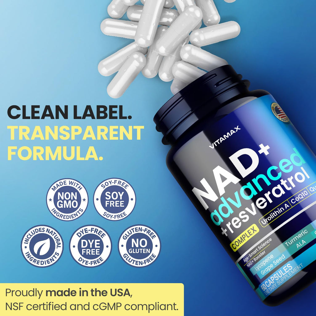 Liposomal NAD+ Supplement Extra Strength | Urolithin A, Resveratrol, CoQ10 - Women & Men - ALA, Green Tea, Quercetin, Lycopene | High Purity, Energy & Regeneration - Made in USA – 60ct Vitamax Au supplements