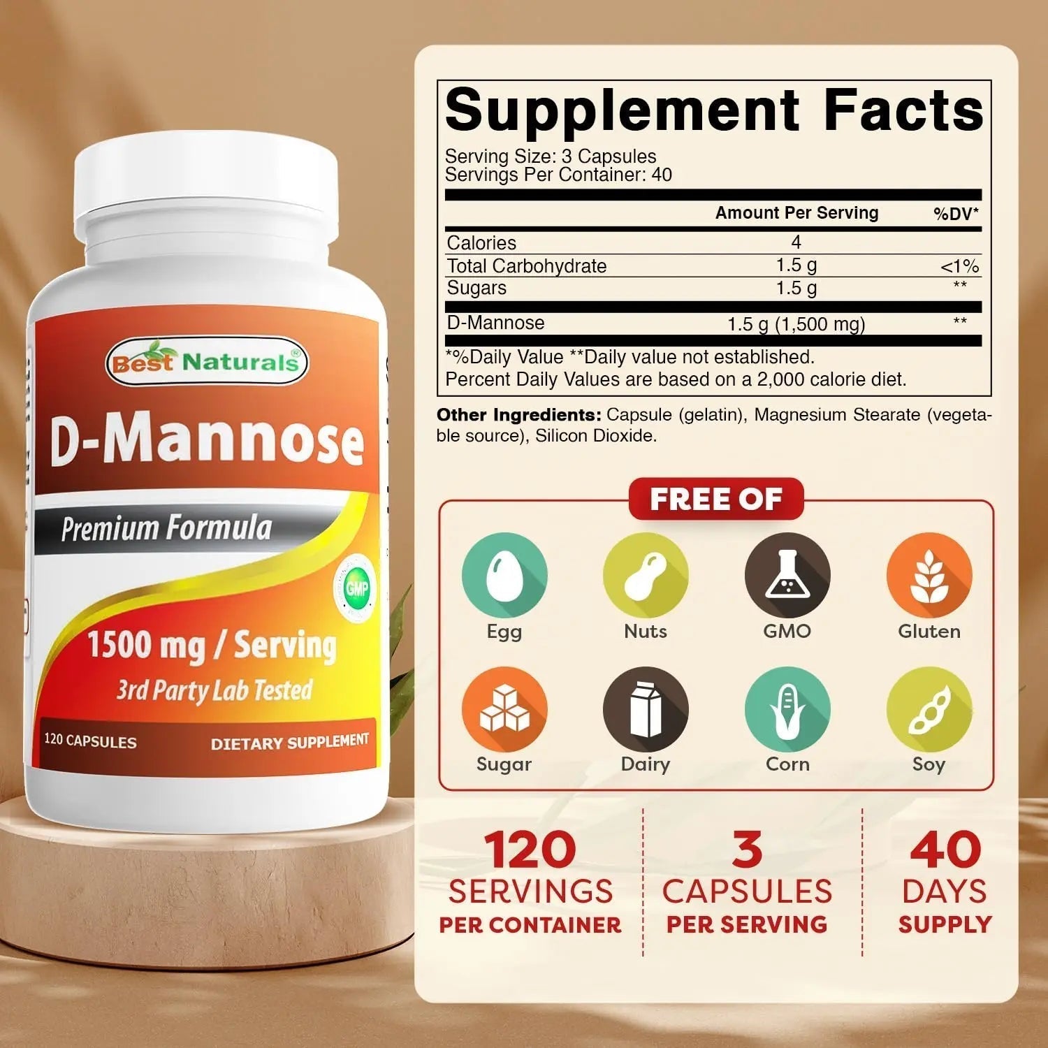 Best Naturals D-Mannose Capsules - Urinary Tract Cleanse Supplement 1500mg/Serving - 120 Count Best Naturals Au supplements