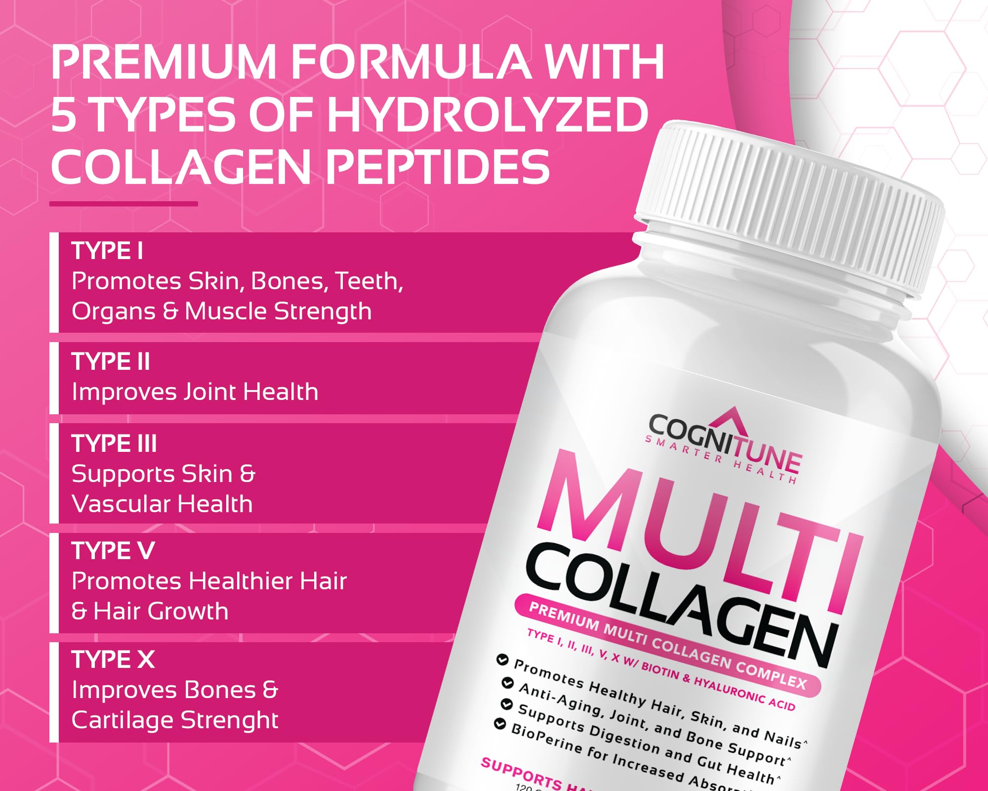 CogniTune Multi Collagen Peptides for Women with Biotin, Hyaluronic Acid, Vitamin C - 5 Types I II III V X Colageno Hidrolizado - 2000mg Hair Skin Nails Joints Support - 120 Capsules CogniTune Au supplements