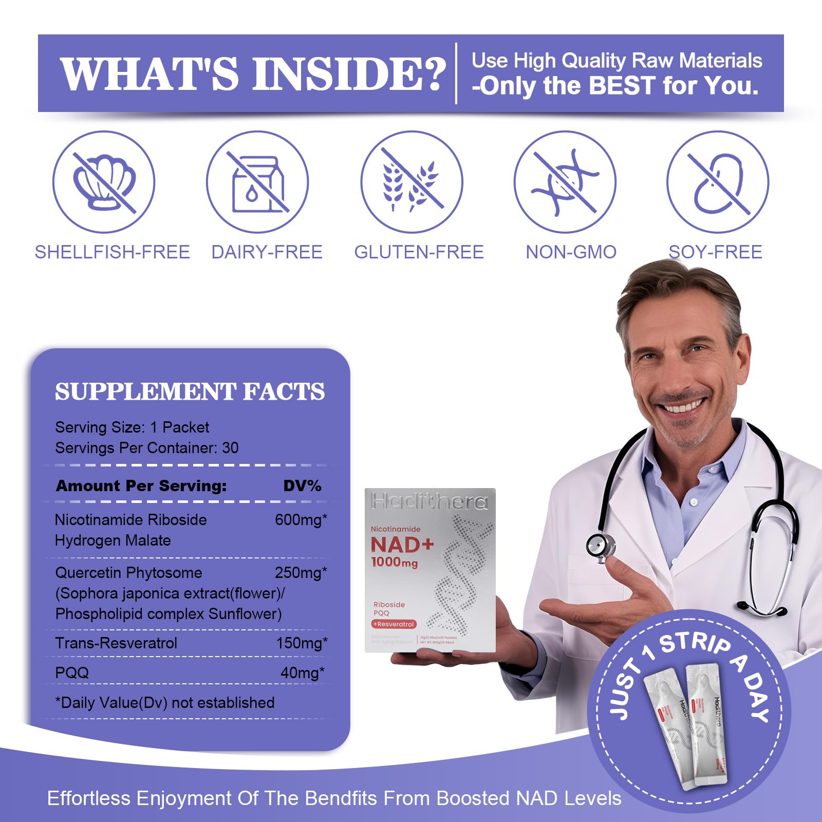 Haditheran NAD Supplement 1000mg Synergistic Blend with Nicotinamide Riboside, PQQ & Resveratrol - Premium Anti-Aging Supplement for Cellular Energy, Mental Clarity and Longevity (30 Packets) Haditheran Au supplements