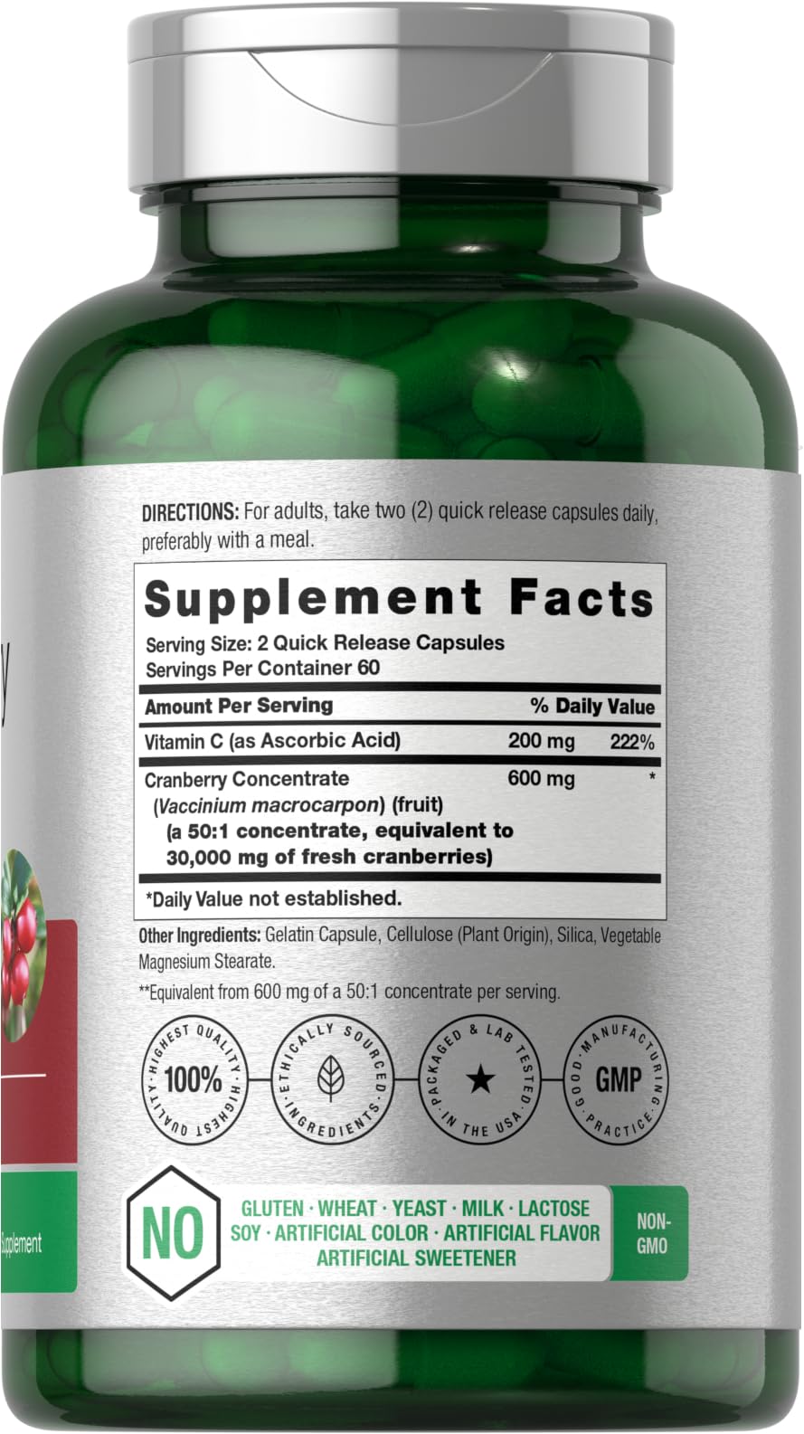 Horbäach Cranberry Concentrate Extract Pills + Vitamin C | 120 Capsules | Supplement for Women and Men | Triple Strength Ultimate Potency Formula