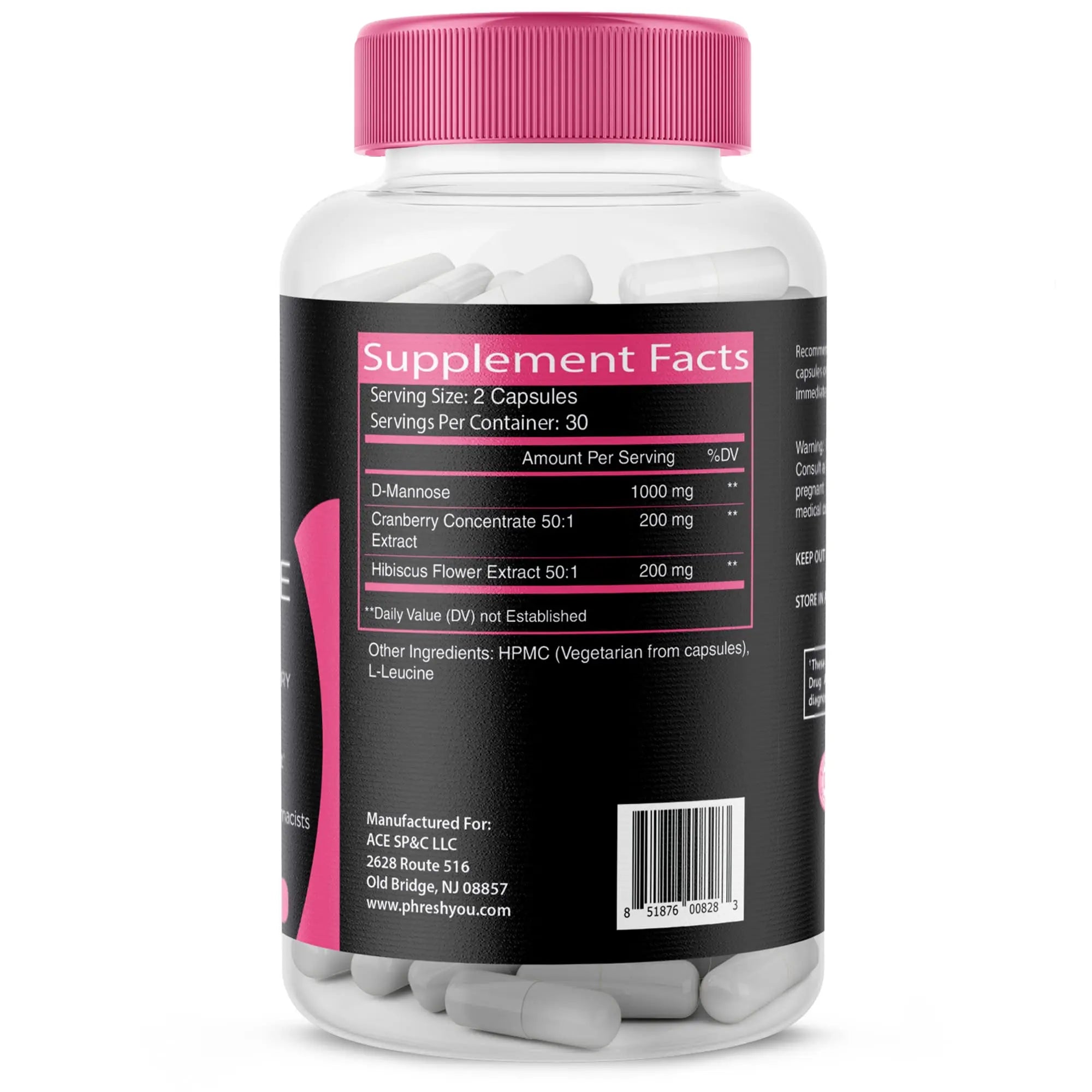 ACE NUTRITION pHresh D-Mannose with Cranberry Capsules for Women and Men, Maximum Strength 1000 mg Per Serving - Supports: Urinary Tract Health - Made in The USA ACE NUTRITION Au supplements