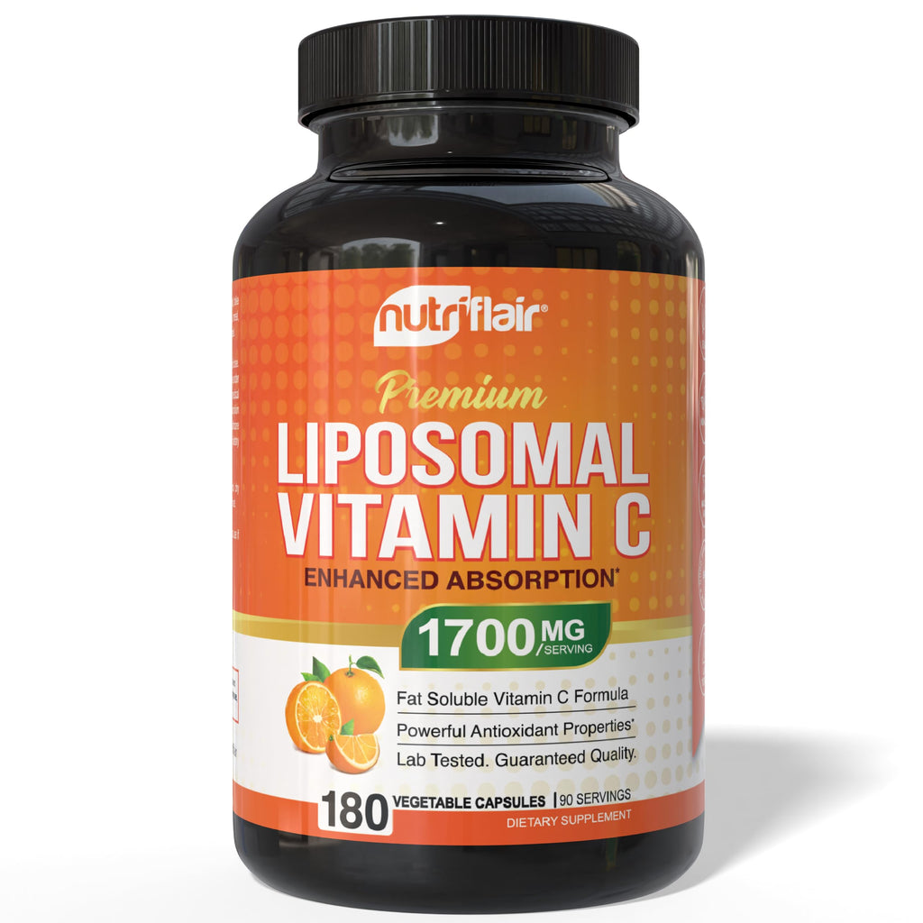 NutriFlair Liposomal Vitamin C 1700mg, 180 Capsules - High Absorption, Fat Soluble VIT C, Higher Bioavailability Immune System Support