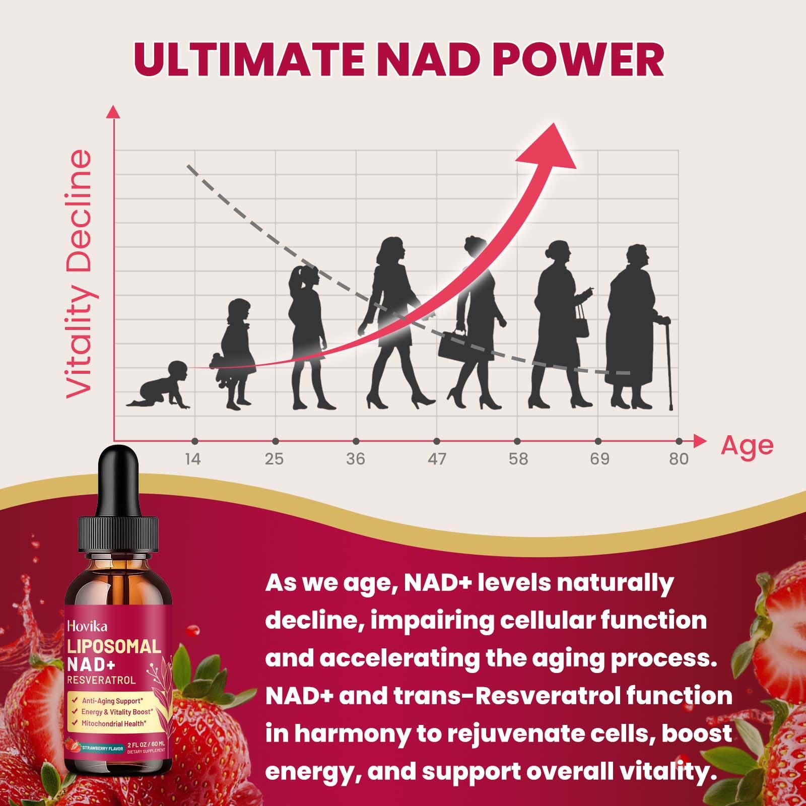 Liposomal NAD Supplement - 1200mg NAD+ Liquid Drops for Women & Men with Resveratrol, Black Pepper Extract - Support Anti-Aging, Brain & Cellular Mitochondrial Health - 2 Fl Oz, Strawberry Flavor Hovika Au supplements