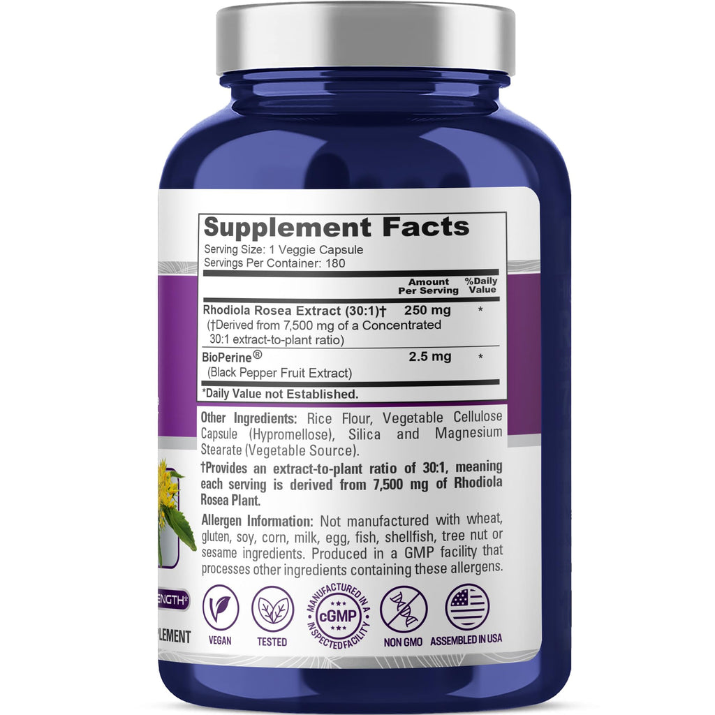 NusaPure Rhodiola Rosea 7,500mg 180 Veggie Capsules (Non-GMO, Extract 30:1, Vegan & Gluten-Free) Bioperine NusaPure Au supplements