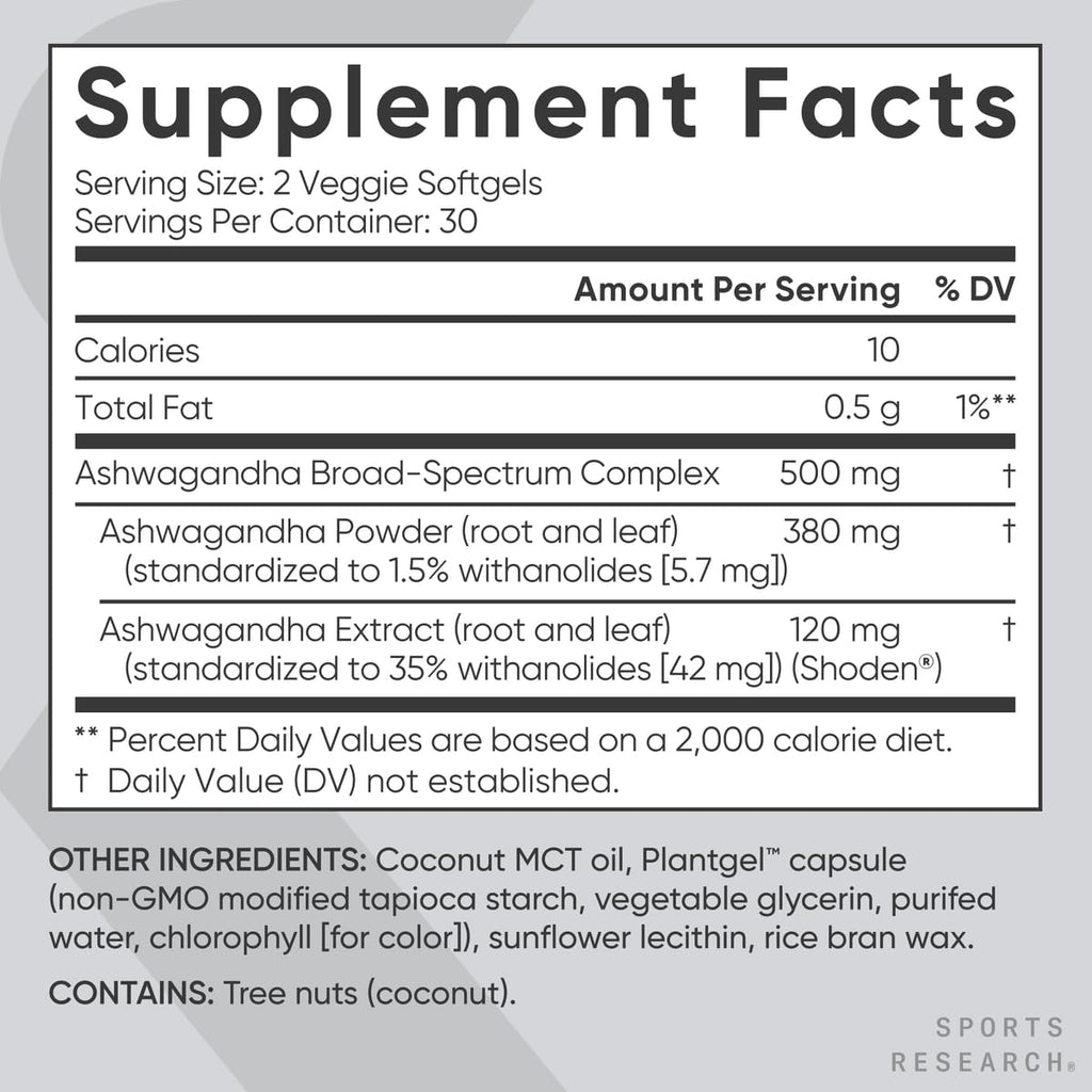 Sports Research® Ashwagandha Softgels with Coconut MCT Oil - Natural Adaptogen Made with Shoden® Ashwa for Relaxation, Calm & Sleep Support - Gluten Free & Vegan Friendly - 60 Count Sports Research Au supplements