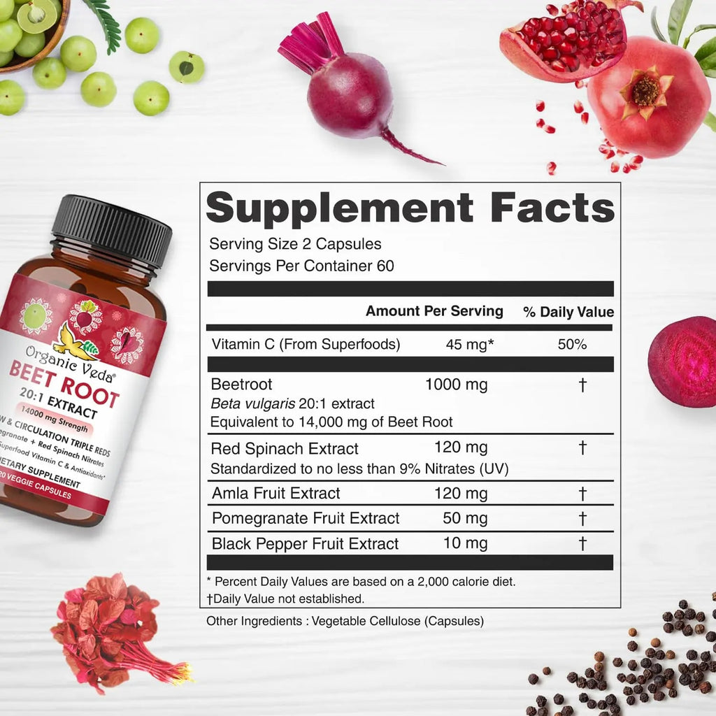 Organic Veda Beet Root Capsules - Triple Reds Nitric Oxide Beets Supplements - Concentrated Organic Veda Au supplements