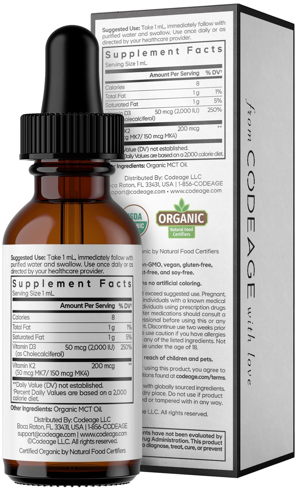 Codeage Liquid D3+K2 Vitamins USDA Organic - Vitamin D3 2000 IU, Vitamin K2 (MK4 & MK7) Liquid Drops - Immune Support - Unflavored - Organic MCT Oil - Non-GMO - 1 fl oz Codeage Au supplements