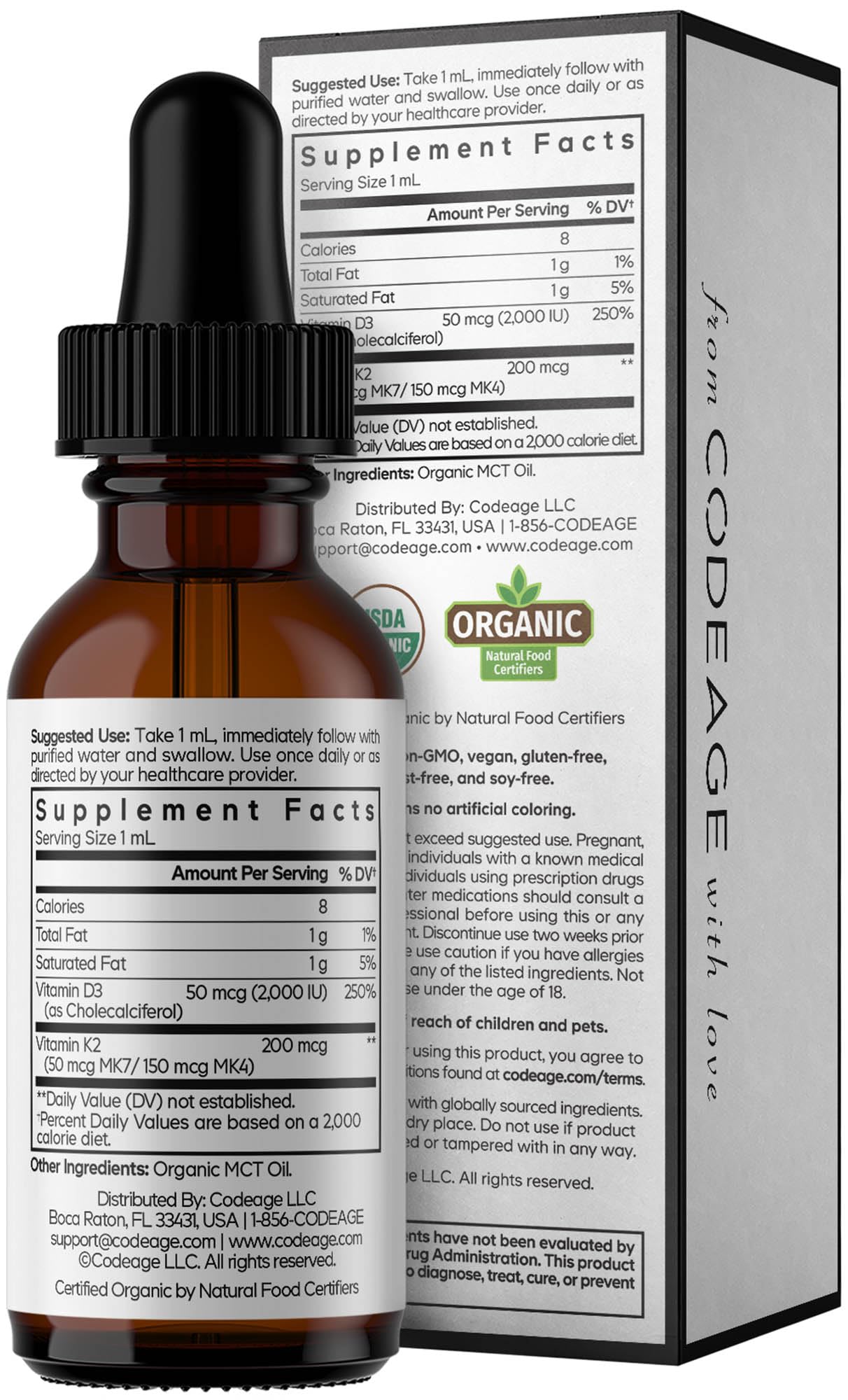 Codeage Liquid D3+K2 Vitamins USDA Organic - Vitamin D3 2000 IU, Vitamin K2 (MK4 & MK7) Liquid Drops - Immune Support - Unflavored - Organic MCT Oil - Non-GMO - 1 fl oz Codeage Au supplements