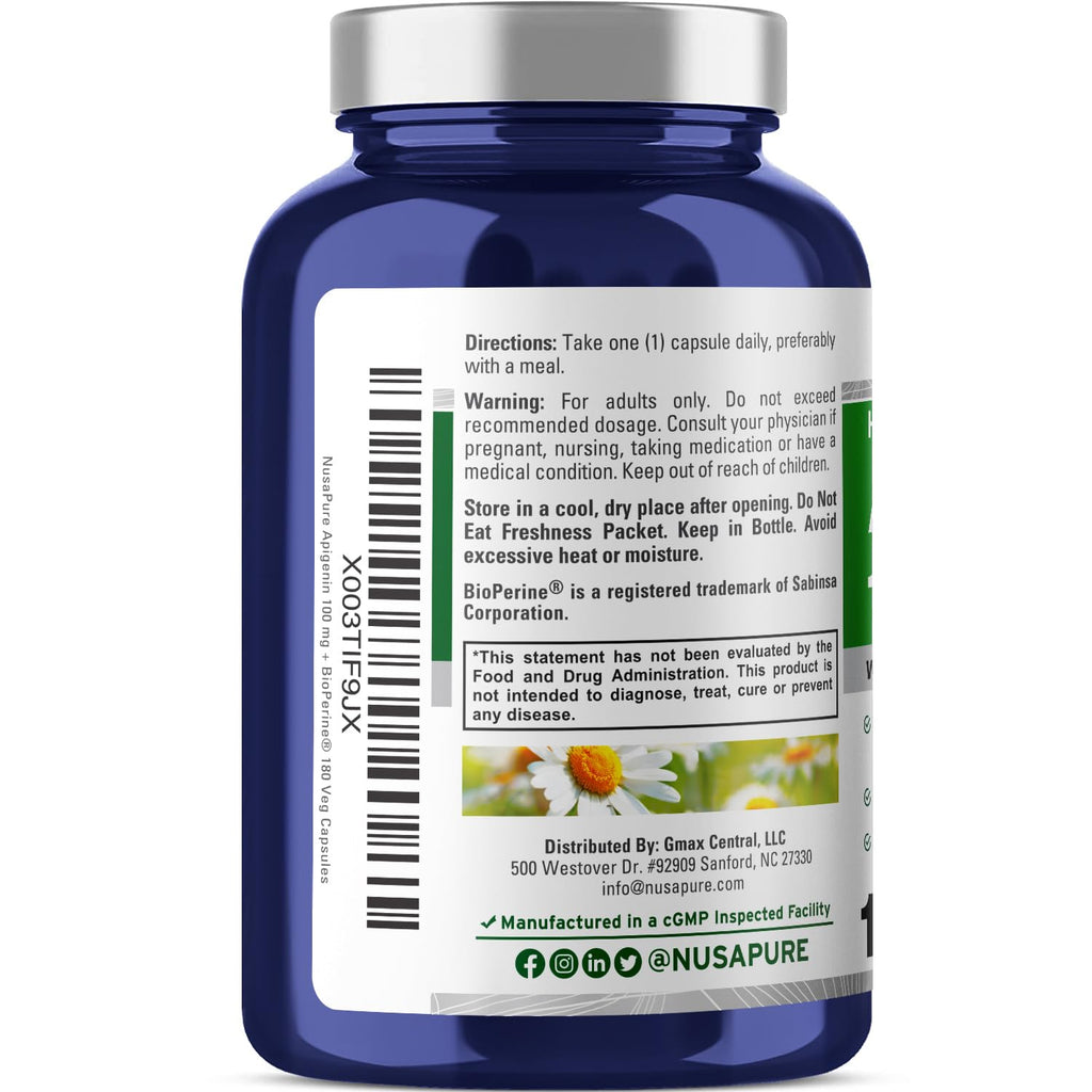 NusaPure Apigenin 100 mg per Capsule 180 Vcaps - Bioperine (Non-GMO, Gluten Free) NusaPure Au supplements