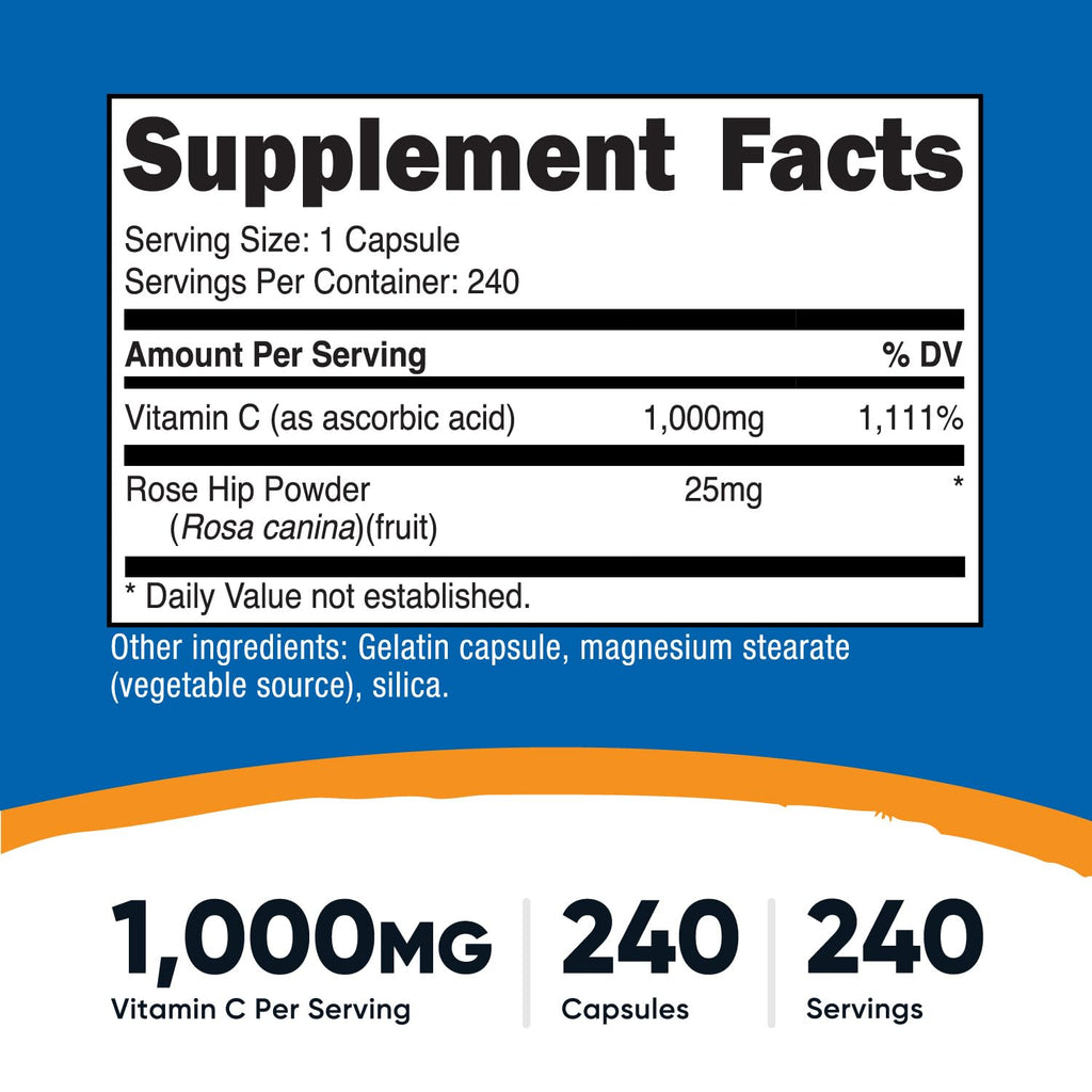 Nutricost Vitamin C with Rose Hips 1025mg, 240 Capsules - Vitamin C 1,000mg, Rose Hips 25mg, Premium
