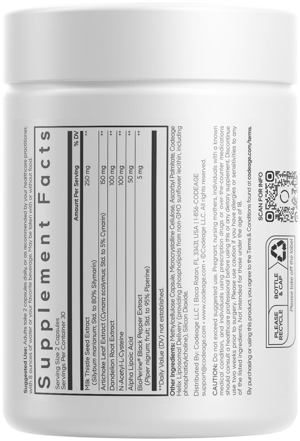 Codeage Liposomal Milk Thistle+ Supplement - Silymarin from Silybum Marianum, NAC, Artichoke Leaf, Dandelion Root, Alpha Lipoic Acid, BioPerine, Liposomal Delivery - Non-GMO - 60 Capsules Codeage Au supplements