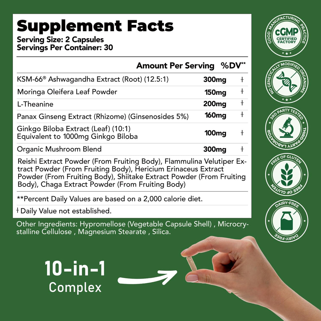 GlowEver KSM-66 Ashwagandha Supplements with L-Theanine Moringa Organic Mushrooms Complex Ginseng Ginkgo Biloba - Mood & Energy Support, Cortisol Manager, Immune Support, 60 Vegan Capsules GlowEver Au supplements