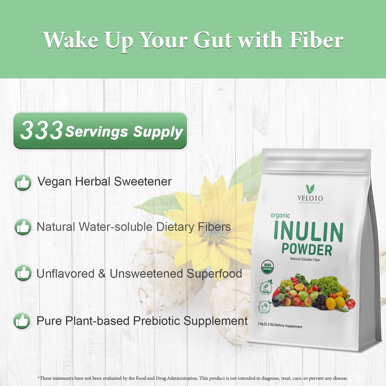 VELOTO Organic Inulin Powder – Prebiotic Fiber Supplement for Smoothies & Drinks, 2.2 lb, Flavorless, Water Soluble, Vegan & Non-GMO