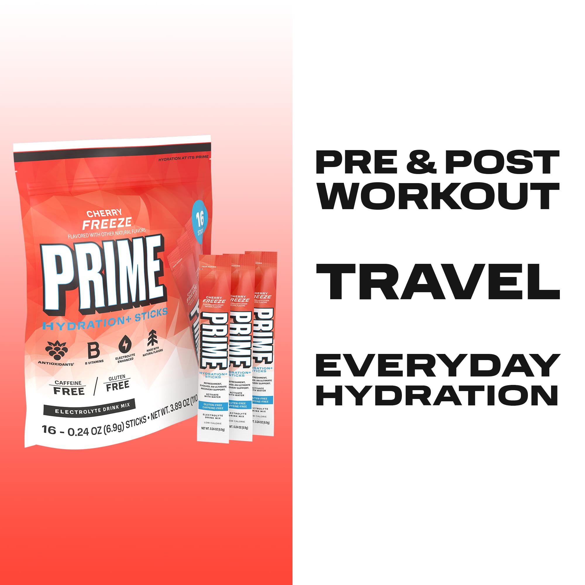 PRIME HYDRATION+ Electrolyte Powder Sticks, Cherry Freeze, Sugar Free Hydration Drink Mix with Potassium, Magnesium & B Vitamins