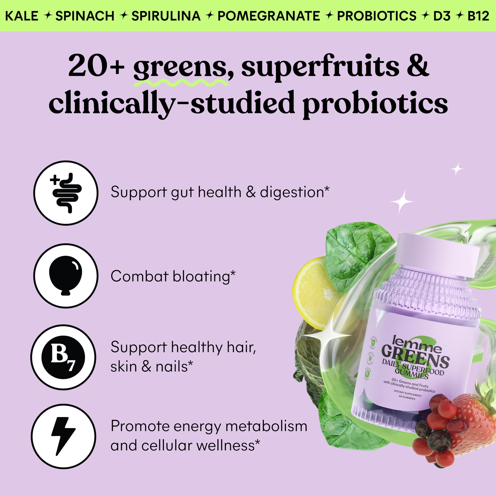 Lemme Greens Superfood Gummies w/Multi - Support Gut Health & Reduce Bloating, 20+ Organic Greens and Superfruits, Clinically Studied Probiotics, D3, B12 - Berries & Greens Flavored (60 Count) Lemme Au supplements