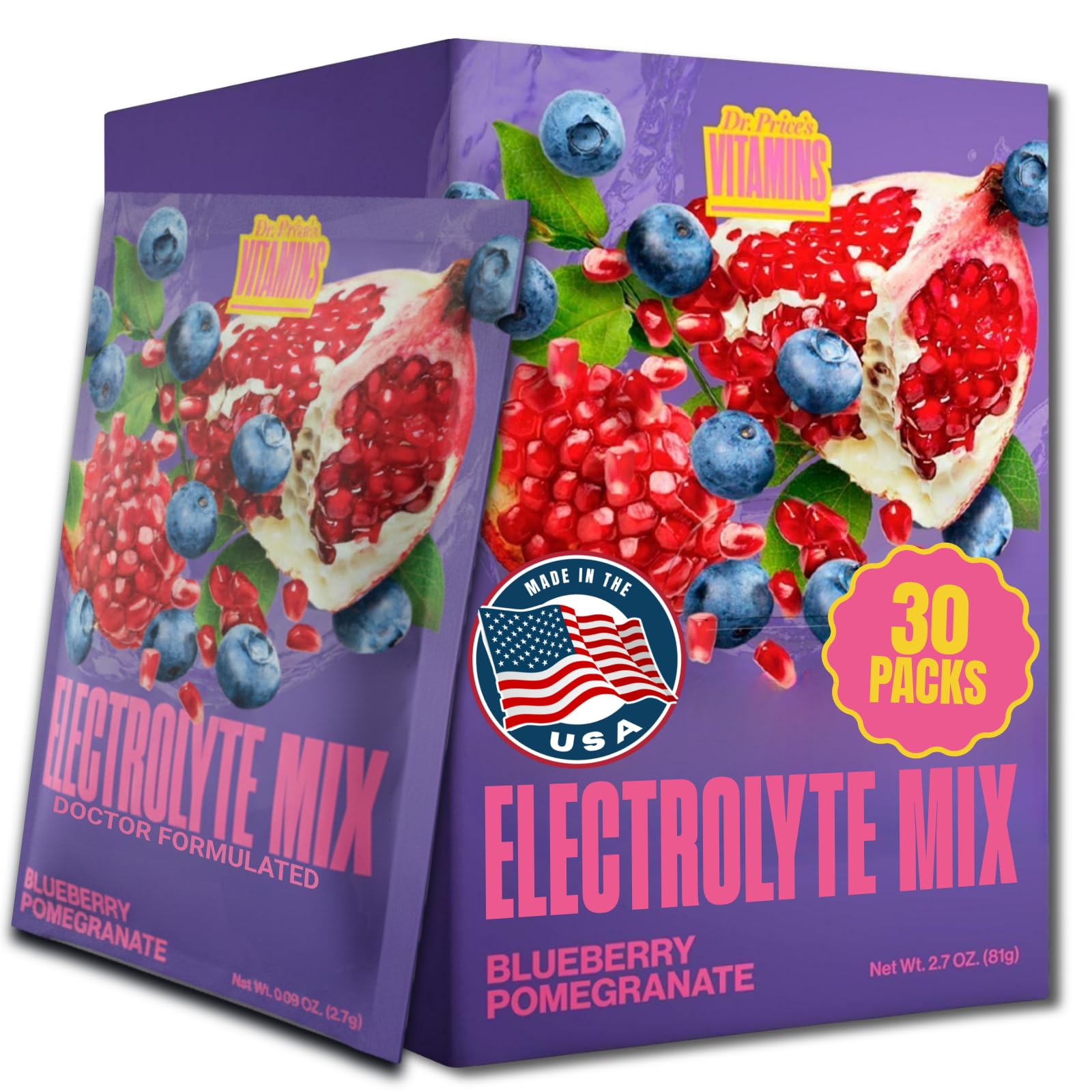 Dr. Price’s Electrolytes Hydration Powder Packets – Blueberry Pomegranate, 30 Packs | Sugar Free Electrolyte Drink Mix, 72+ Trace Minerals, Manganese