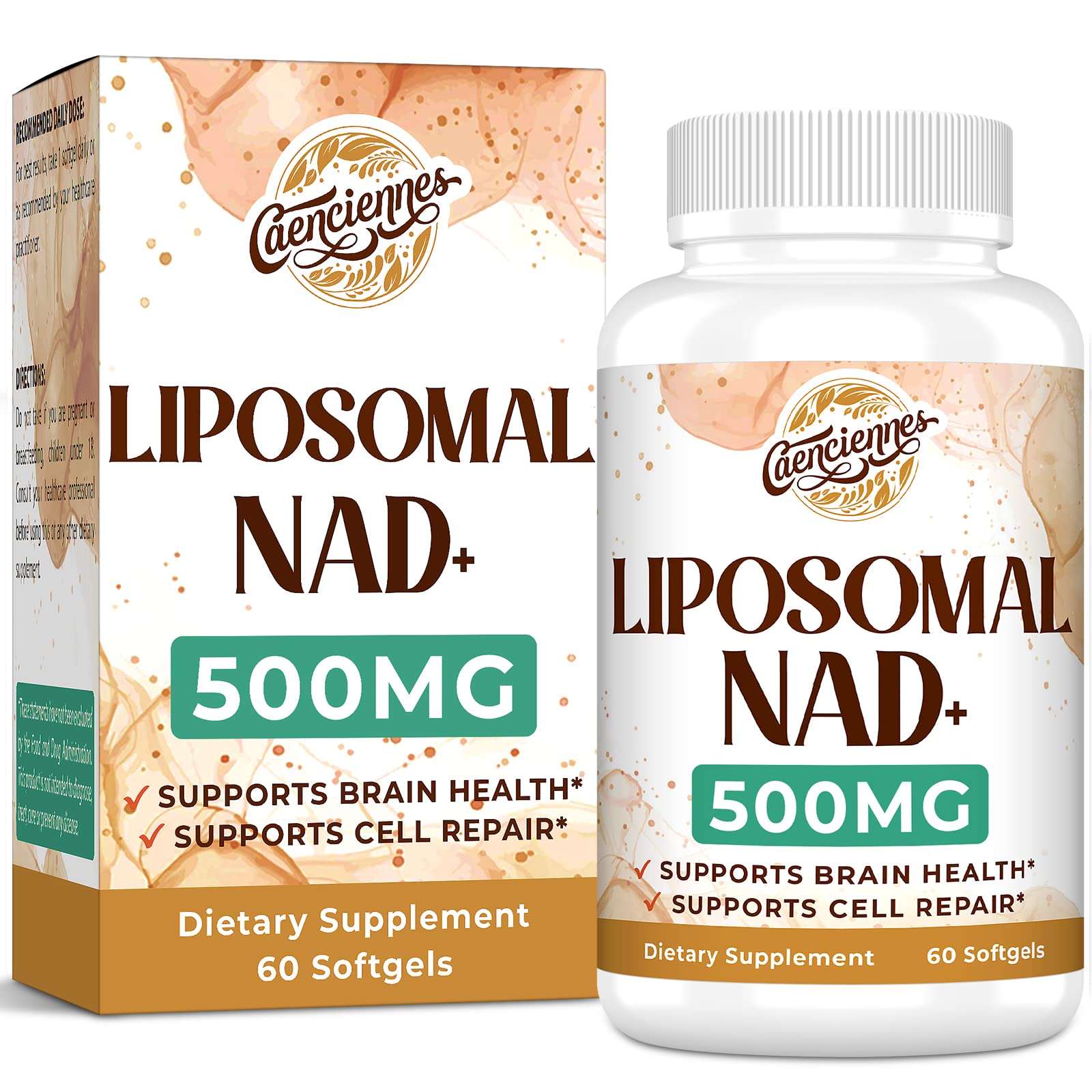 Caenciennes Liposomal NAD+ 500 MG Supplement, True NAD Plus Supplement, Superior Absorption, Boost NAD+ More Efficient Than Nicotinamide Riboside for Cellular Energy, Healthy Aging, 60 Serving Caenciennes Au supplements