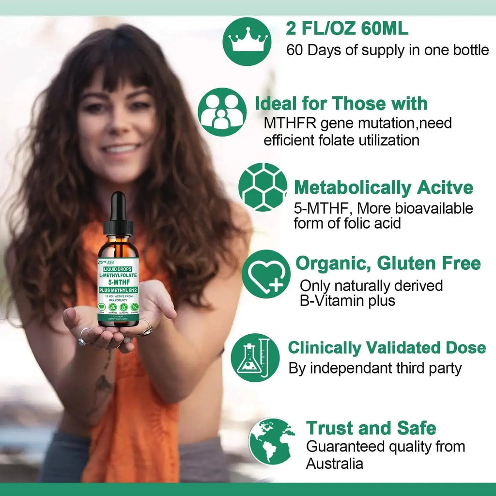 Methylfolate Supplement Liquid Drops, L Methy Folate 15mg Plus Methy B12, B6, B2 Multivitamin, Metabolically Active 5-MTHF Form AMENQ hHEALTH Au supplements