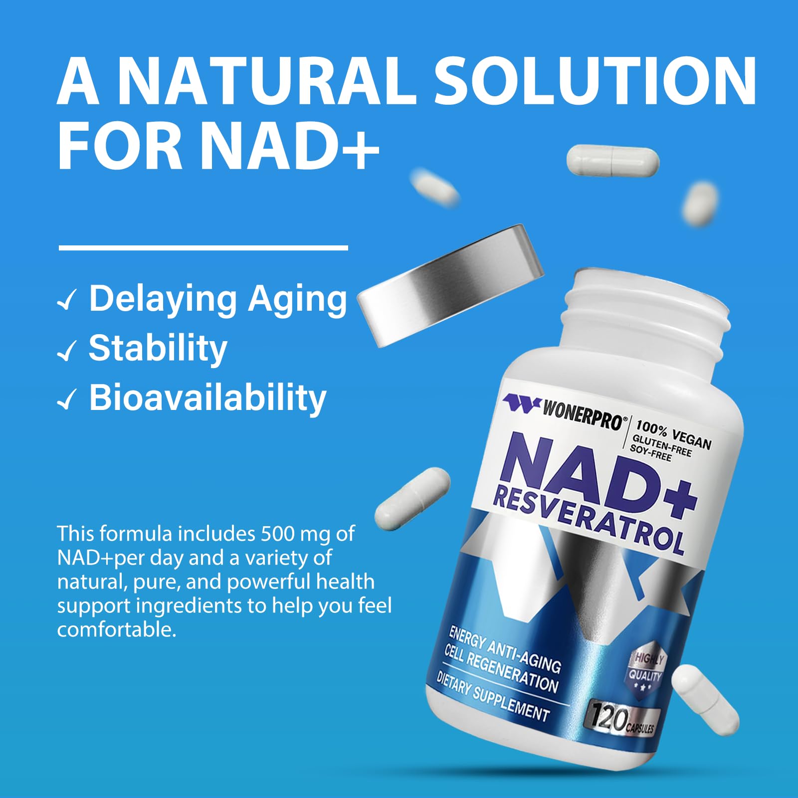 NAD+ Supplement 1500mg Pure Organic, NAD+ Resveratrol & Vitamin B3 for Women & Men, Energy Boost & Anti-Aging Support, 120 Vegan Capsules (Gluten-Free, Soy-Free)-11.4 WONERPRO Au supplements