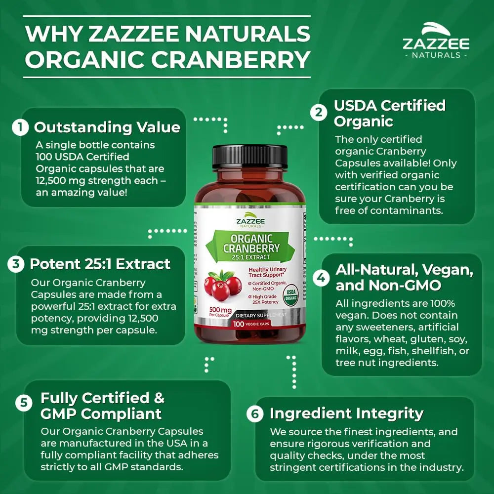 Zazzee USDA Organic Cranberry 25:1 Extract, 12,500 mg Strength, 100 Vegan Capsules Zazzee Au supplements