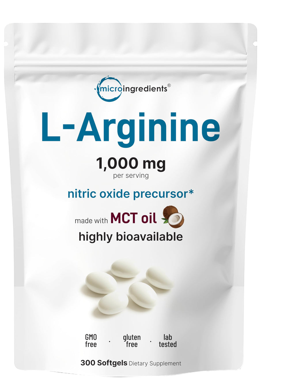 Micro Ingredients L-Arginine 1000mg with MCT Oil, 300 Softgels | Nitric Oxide Precursor* for Men & Women | Extra Strength Amino Acid Formula for Daily Wellness