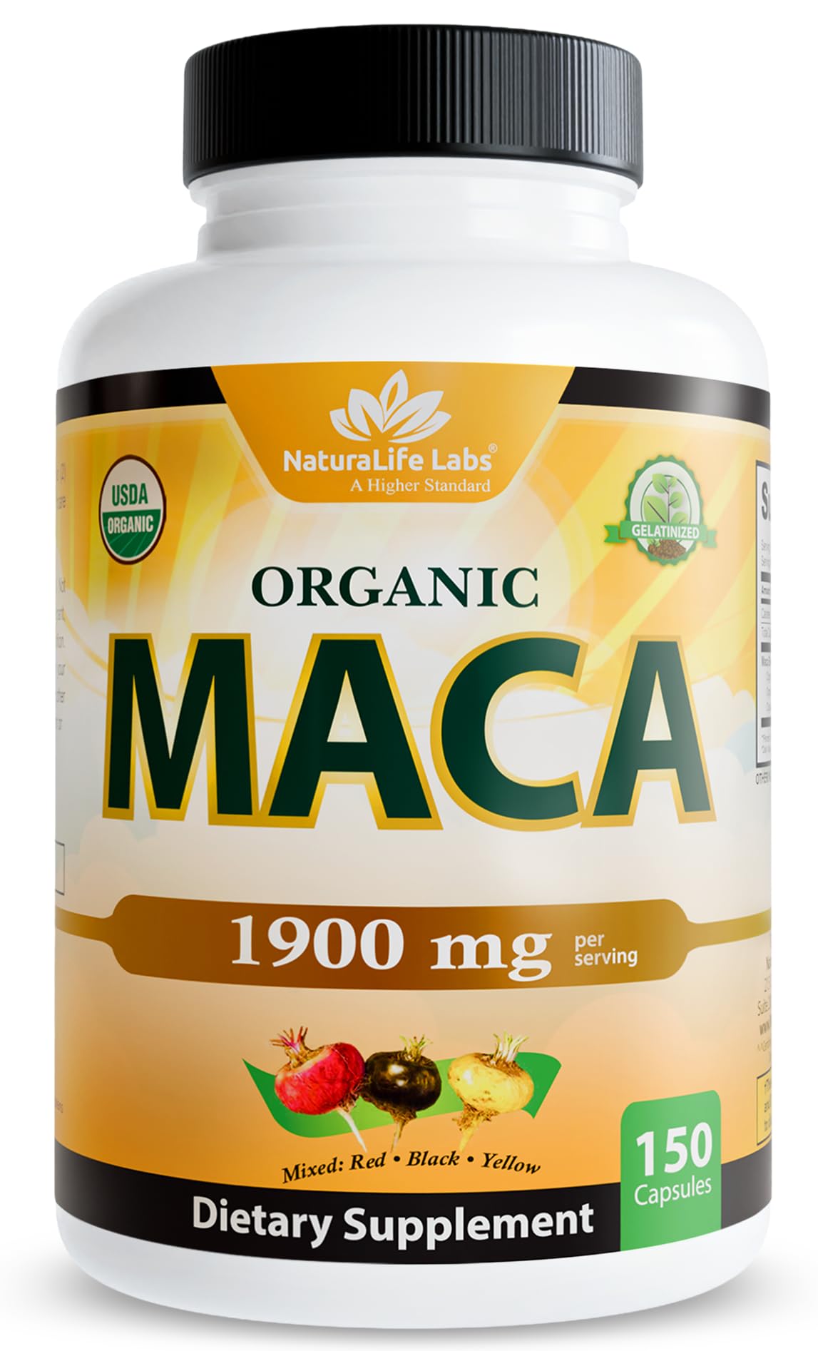 NaturaLife Labs Organic Maca Root – Black, Red & Yellow – 1900 mg per Serving – 150 Capsules – Gelatinized Peruvian Maca