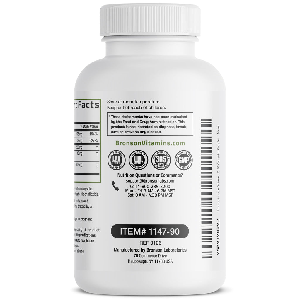 Bronson L-Lysine Defense Immune Support Complex 1500 MG L-Lysine Plus Olive Leaf, Garlic, Vitamin C and Zinc